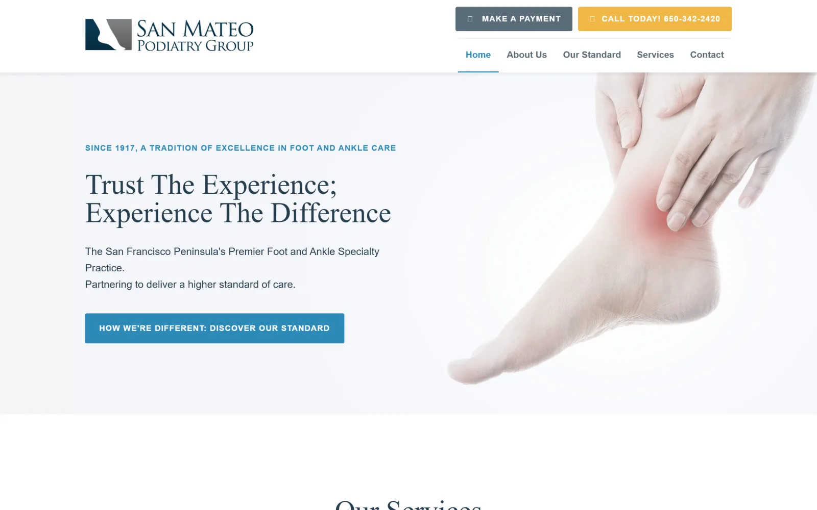 sanmateopodiatrygroup.com, podiatry website design: a pale grey panel holds a serif headline and a blue button