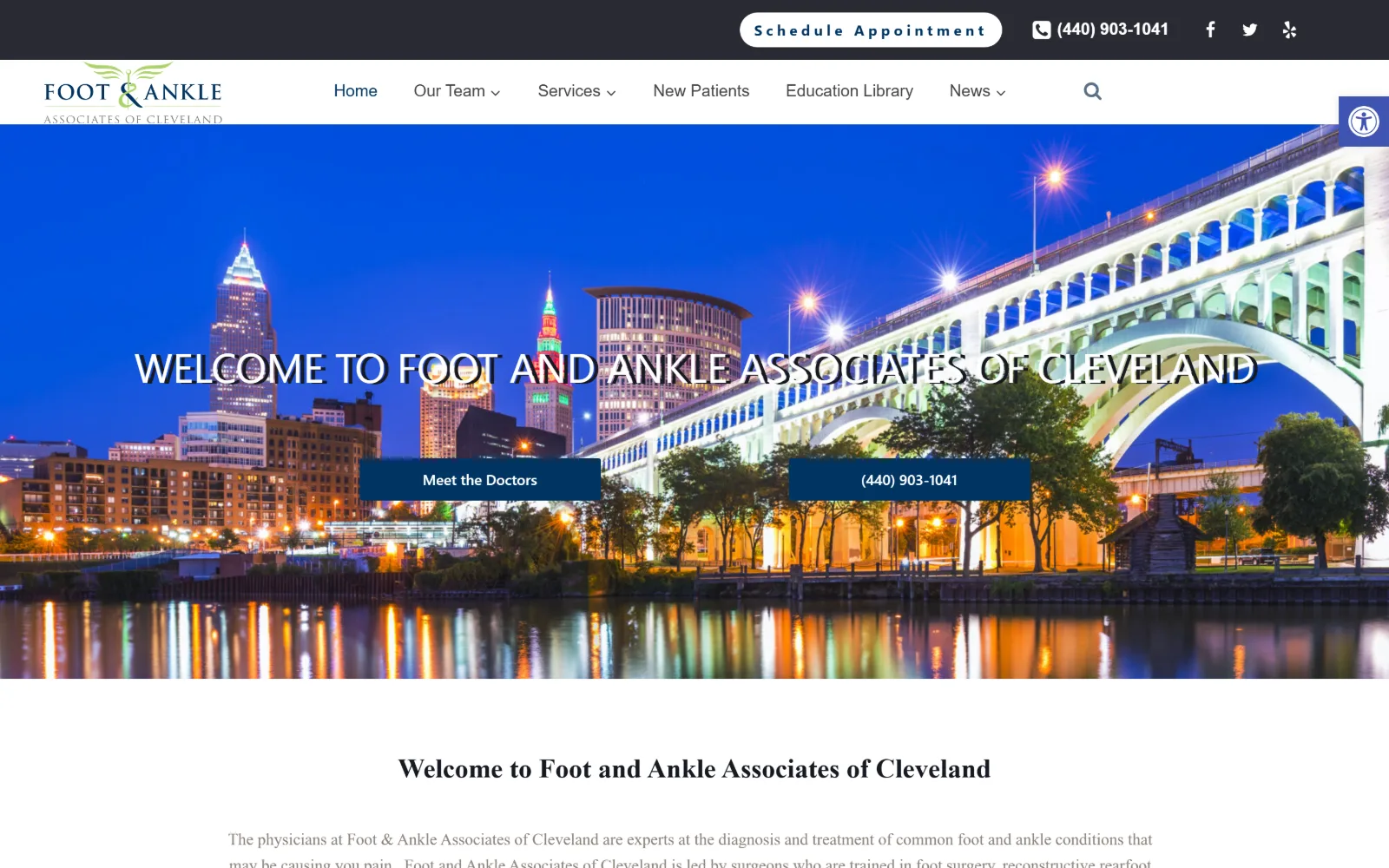 solonfootandankle.com, podiatry website design: a night photograph of the Cleveland skyline and a lit bridge fills the hero