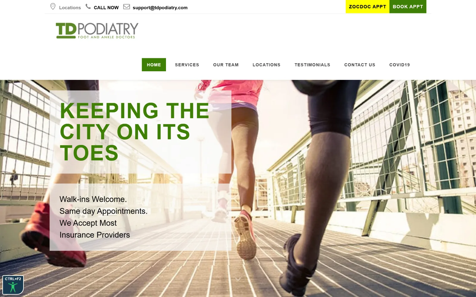 tdpodiatry.com, podiatry website design: runners on a bridge fill the hero behind a translucent white panel holding a green uppercase