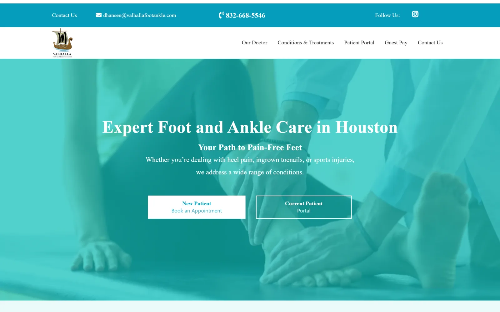 valhallafootankle.com, podiatry website design: a teal wash covers a photograph of a clinician examining a foot