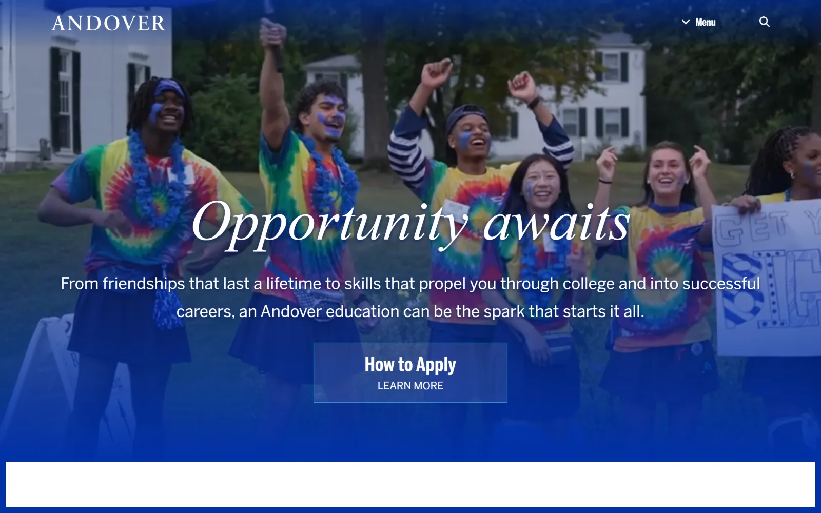 andover.edu, private school website design: a blue wash covers a video of a campus celebration, with an italic serif headline