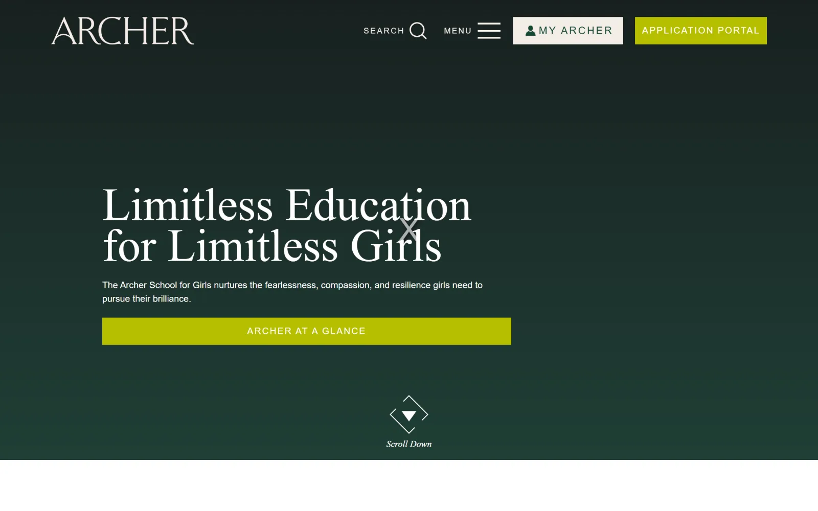 archer.org, private school website design: a deep green gradient field holds a two-line serif headline