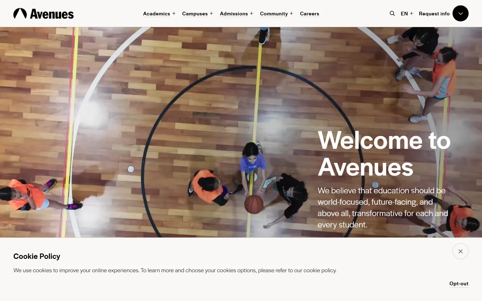 avenues.org, private school website design: an overhead video of a basketball court runs full width under a white header