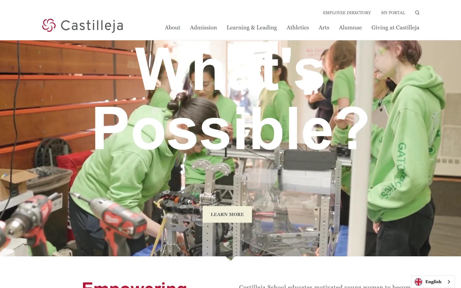 castilleja.org, private school website design: a white header sits above a robotics workshop video