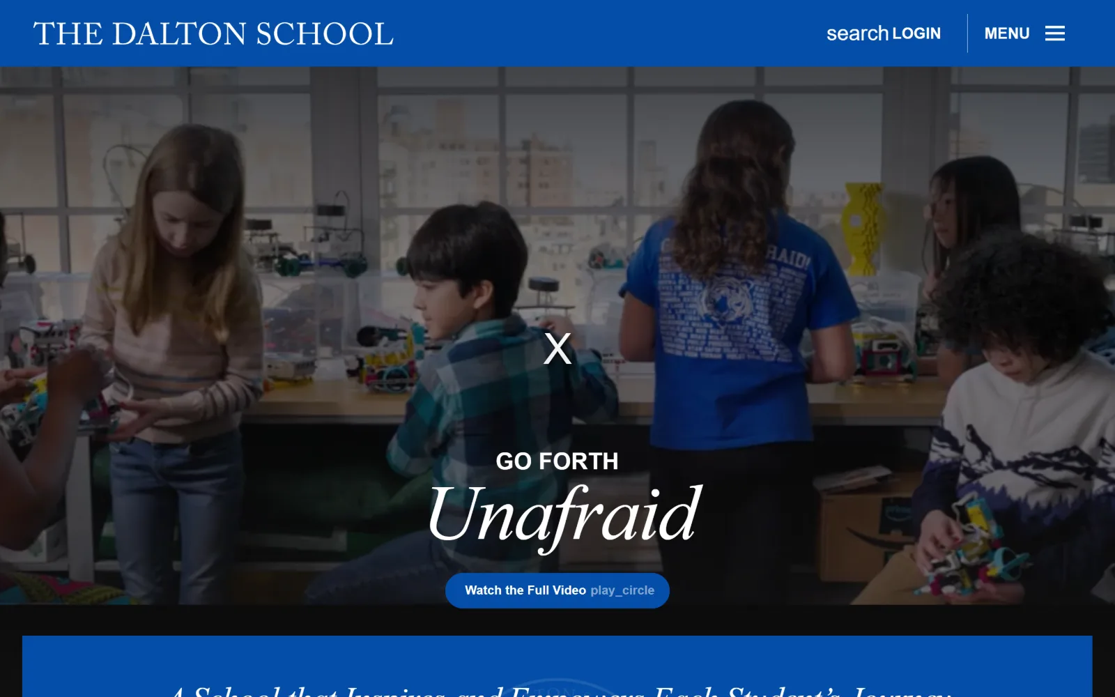 dalton.org, private school website design: a royal blue bar runs above a makerspace video, with a centred uppercase kicker