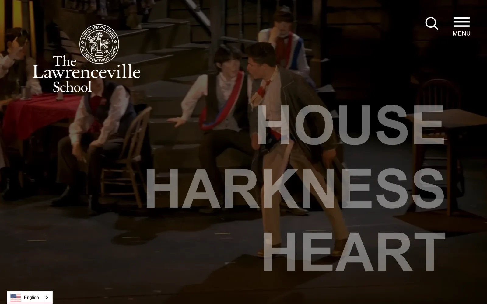 lawrenceville.org, private school website design: a dark stage video runs behind three words in huge semi-transparent grey capitals