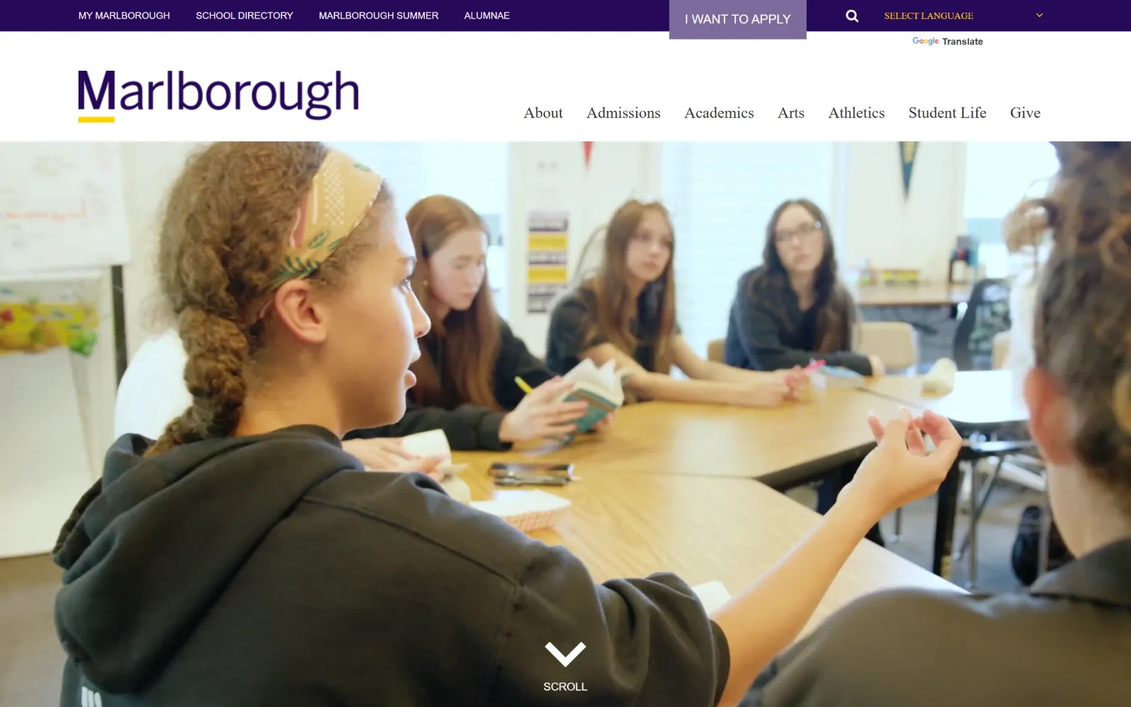 marlborough.org, private school website design: a dark purple utility bar tops a white masthead with a yellow-underlined wordmark