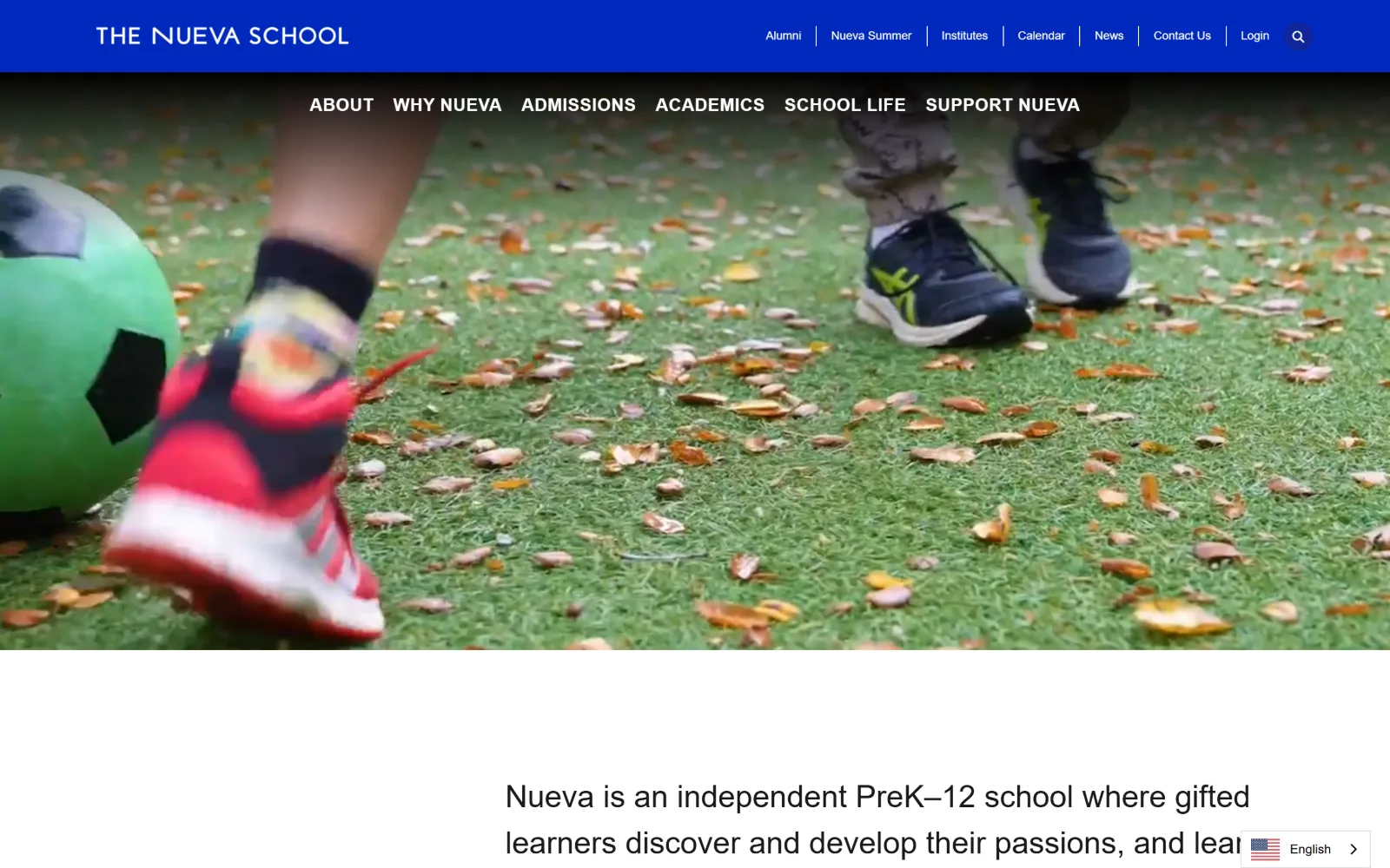 nuevaschool.org, private school website design: a tight ground-level video crop of a ball and footwork on leaf-covered grass runs full