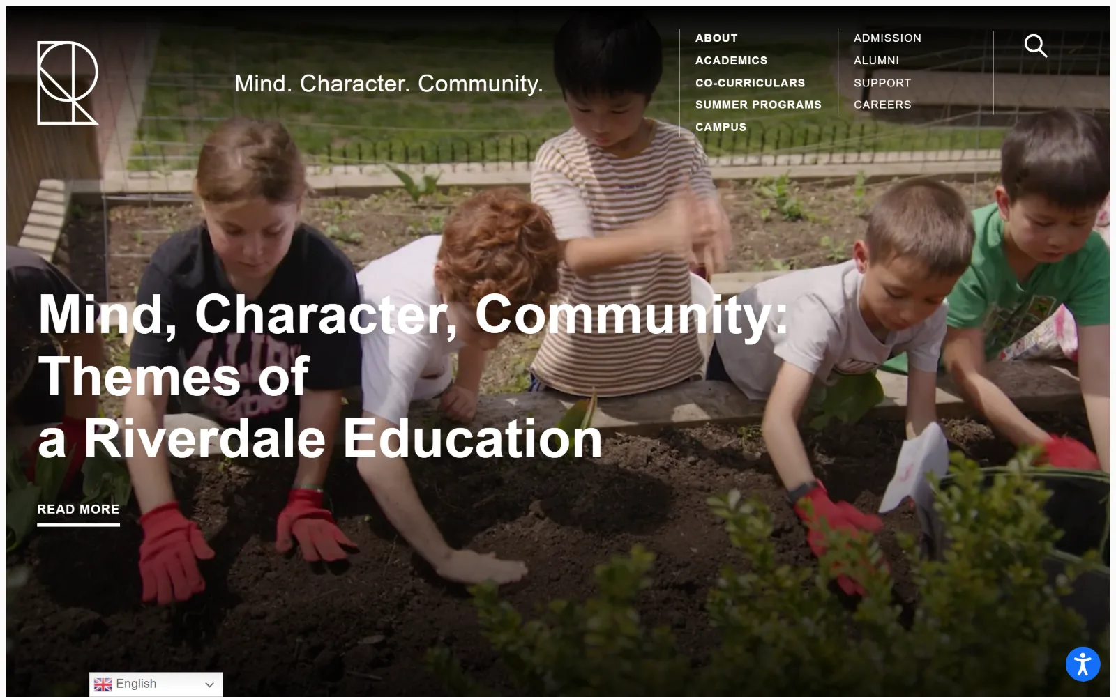 riverdale.edu, private school website design: full-bleed footage of a planting bed fills the screen, with a line-drawn monogram