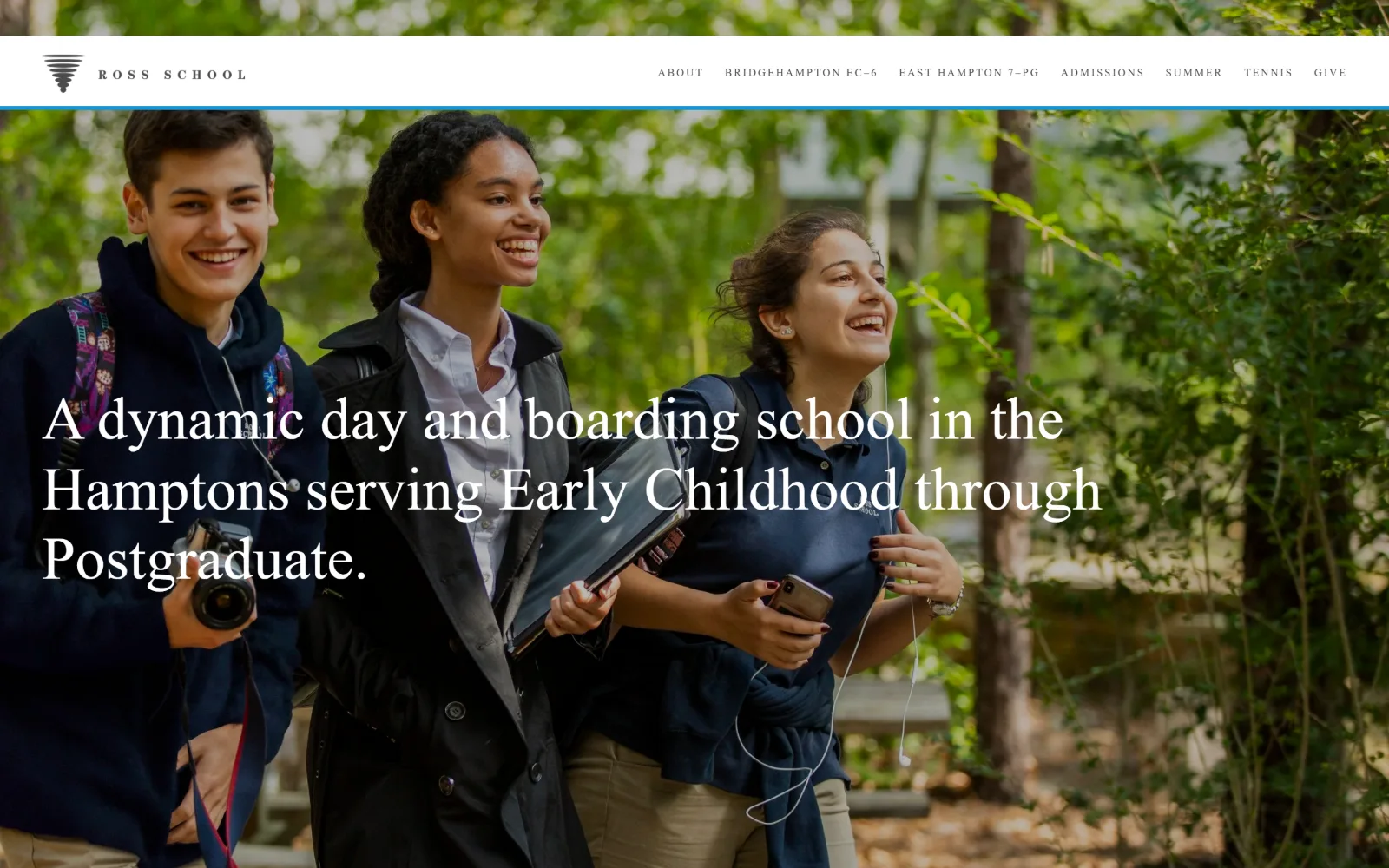 ross.org, private school website design: a slim white header with a tornado mark and letterspaced caps sits above a sunlit outdoor