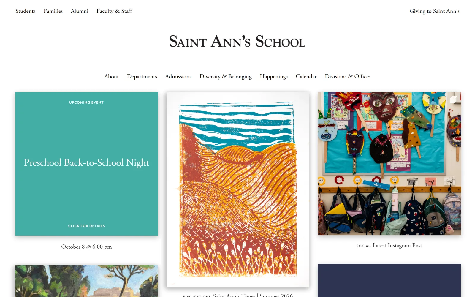 saintannsny.org, private school website design: a centred Garamond wordmark sits above a seven-item nav and a three-column mosaic