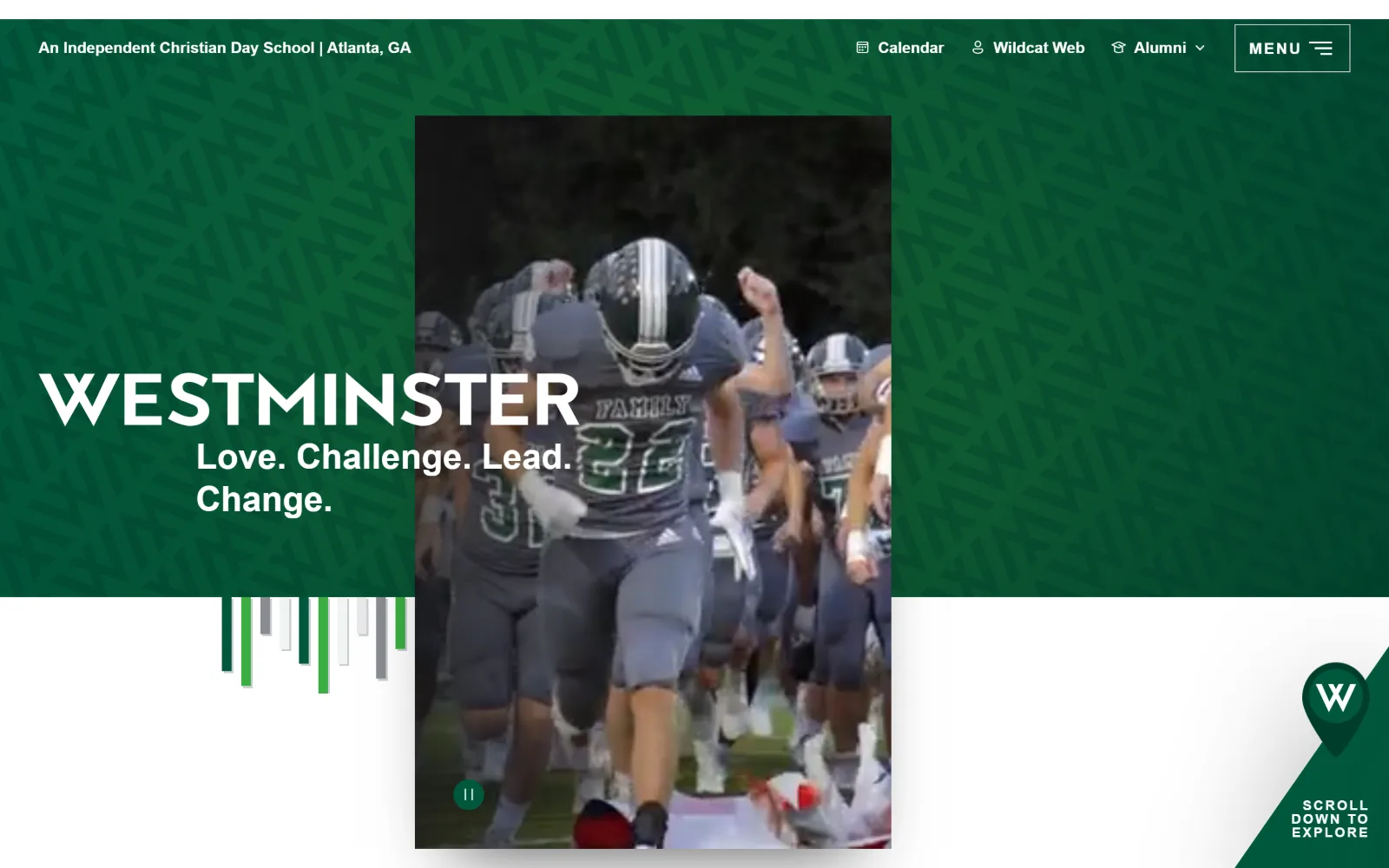 westminster.net, private school website design: a dark green field patterned with tonal chevrons holds a centred portrait video panel