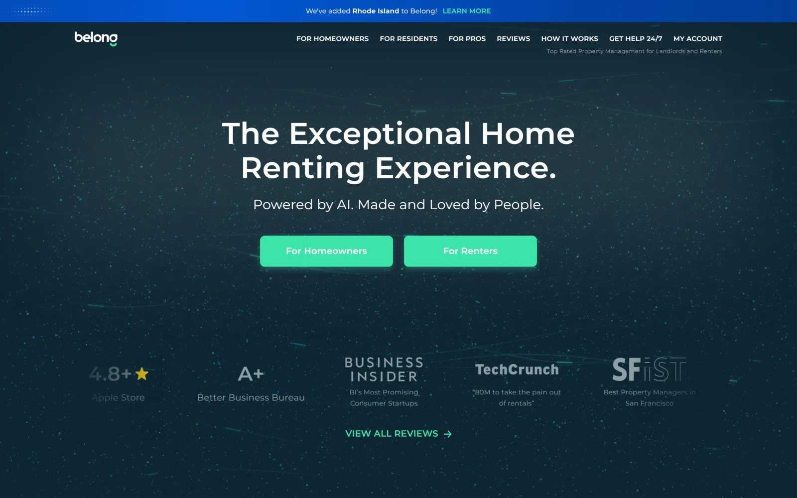 belonghome.com, property management website design: a dark teal field scattered with faint particles holds a centred white headline
