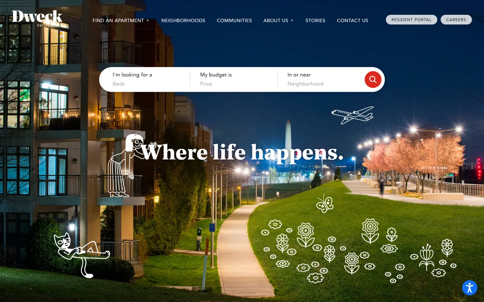 dweckproperties.com, property management website design: a night view of waterfront apartments with the Washington Monument behind