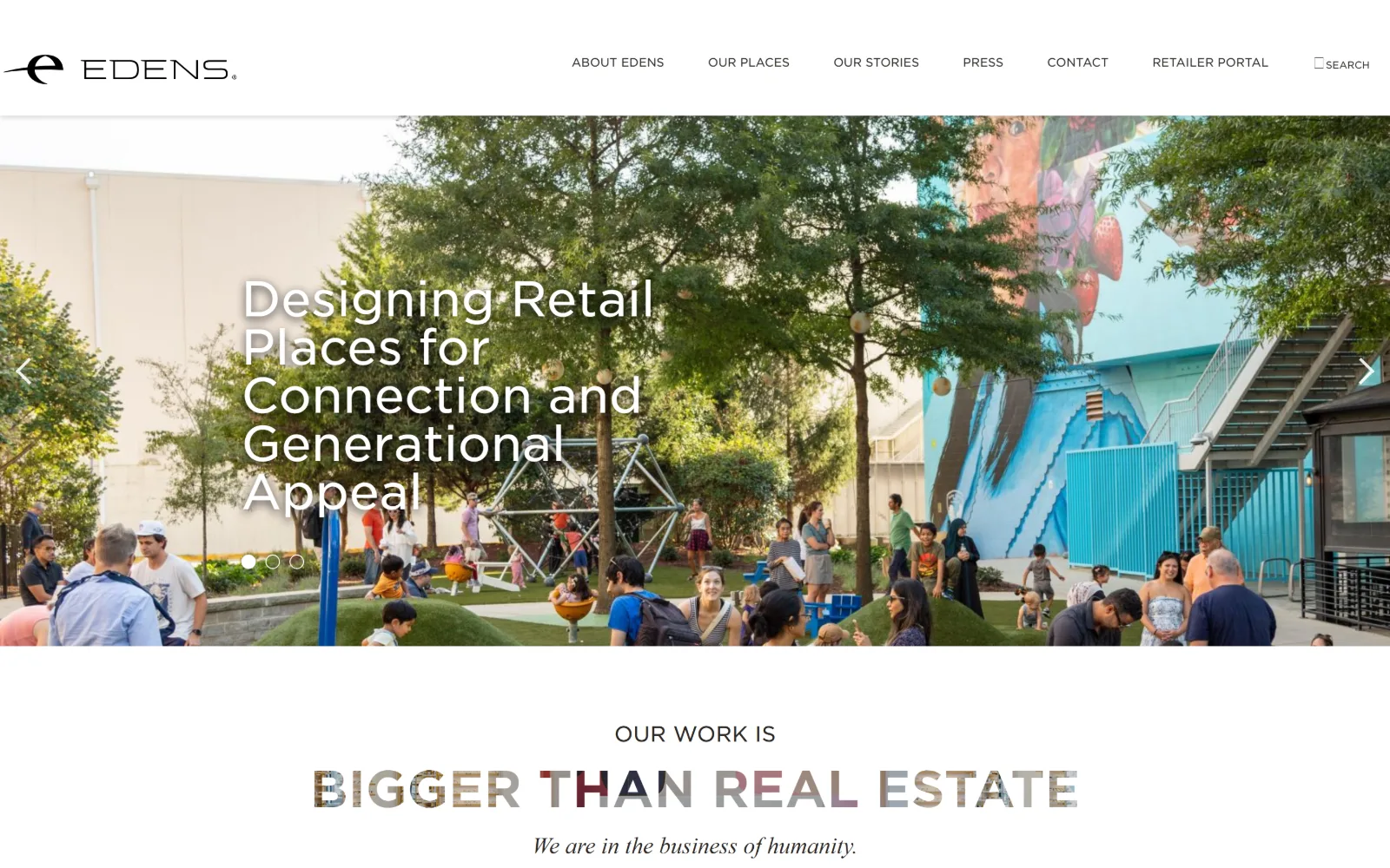 edens.com, property management website design: a shaded plaza full of families sits behind a white sans headline