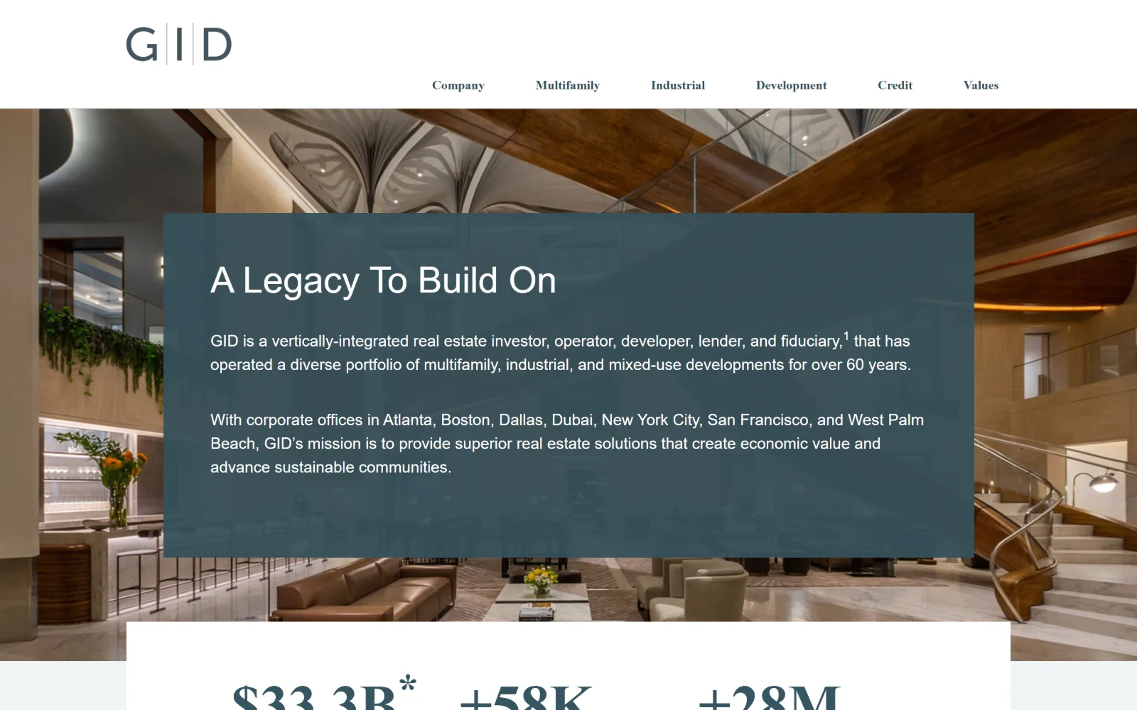gid.com, property management website design: a warm timber-and-marble lobby sits behind a large translucent slate panel carrying