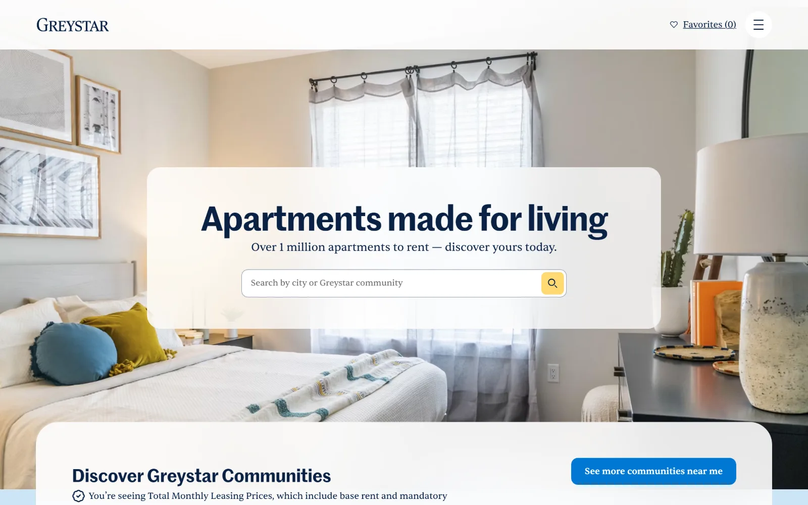 greystar.com, property management website design: a styled bedroom photograph sits behind a frosted rounded card holding a navy headline