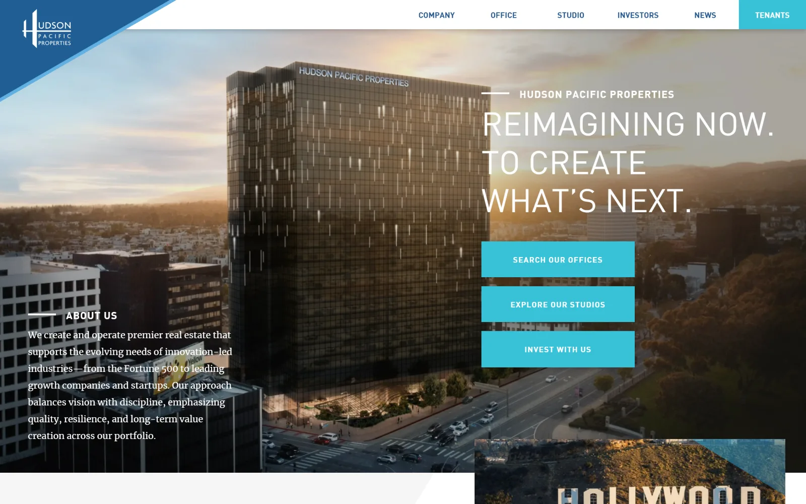 hudsonpacificproperties.com, property management website design: a sunset render of a glass tower carries an uppercase headline at