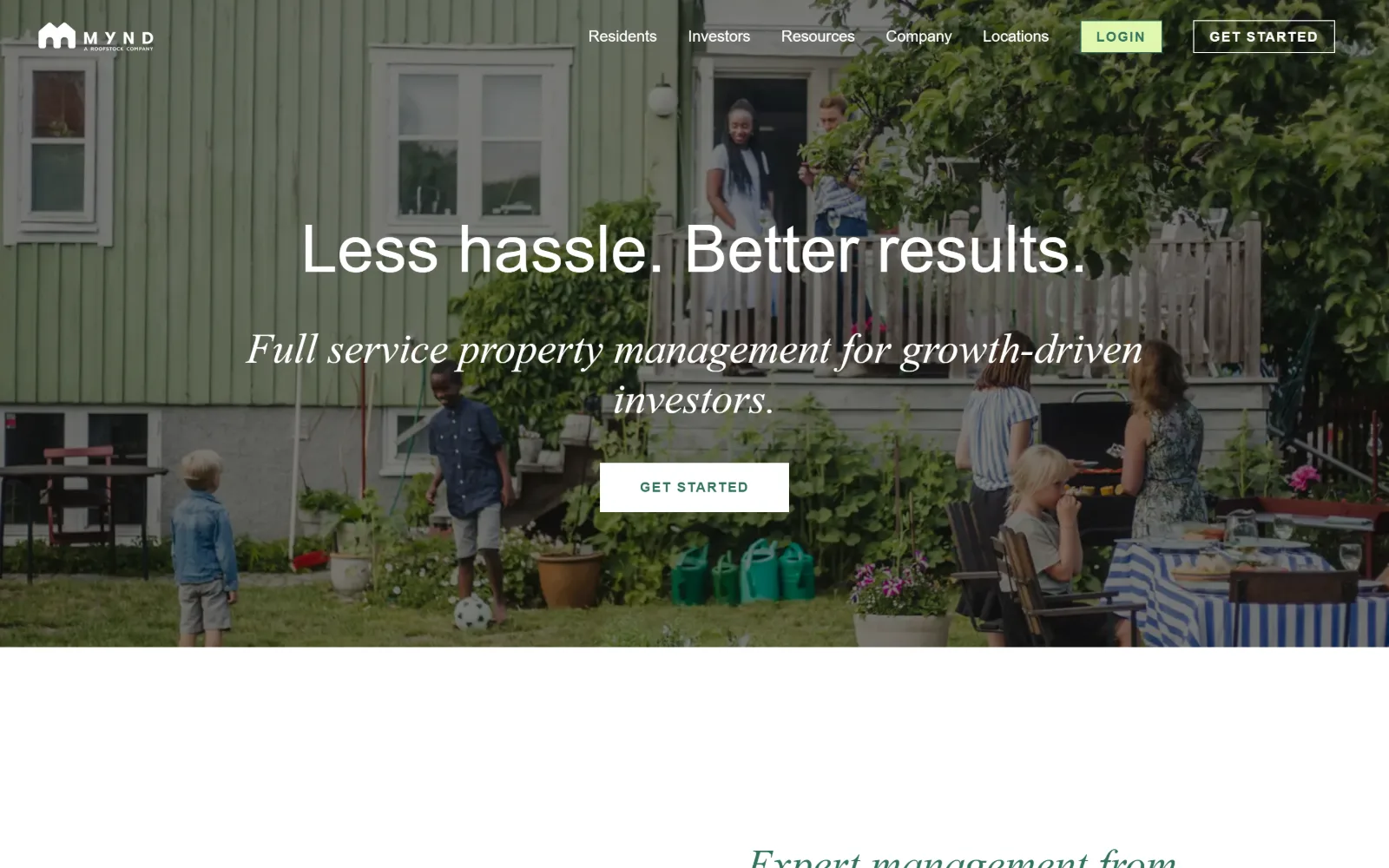 mynd.co, property management website design: a backyard scene of families at a green timber house runs behind a light sans headline