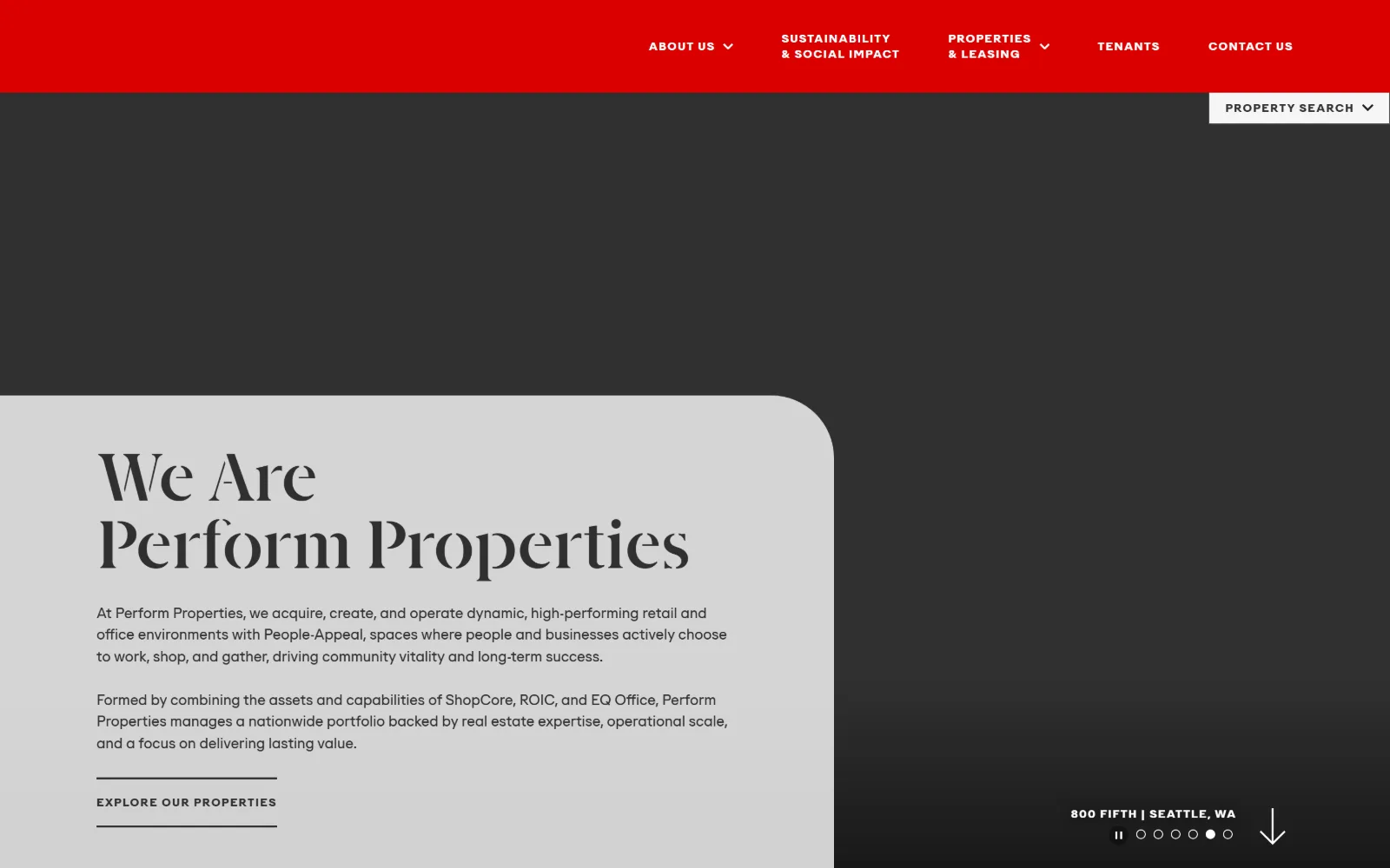 performproperties.com, property management website design: a saturated red masthead sits above a charcoal field