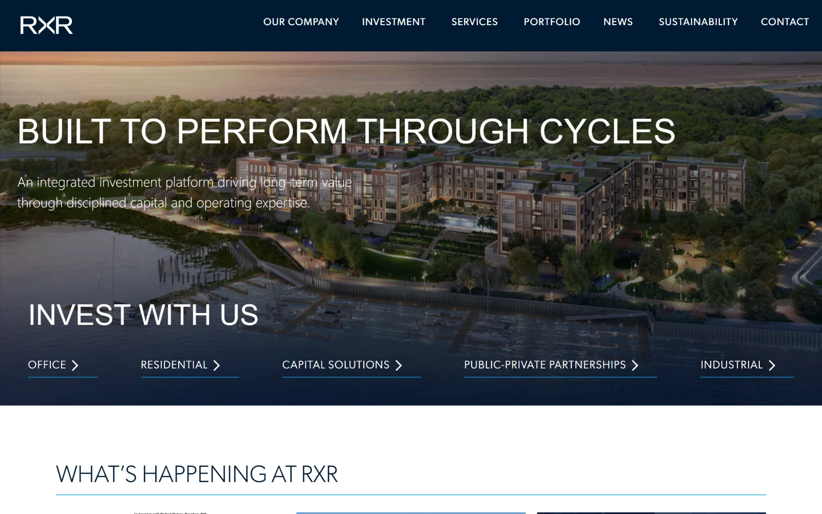 rxr.com, property management website design: an aerial dusk render of a waterfront development sits under a navy wash