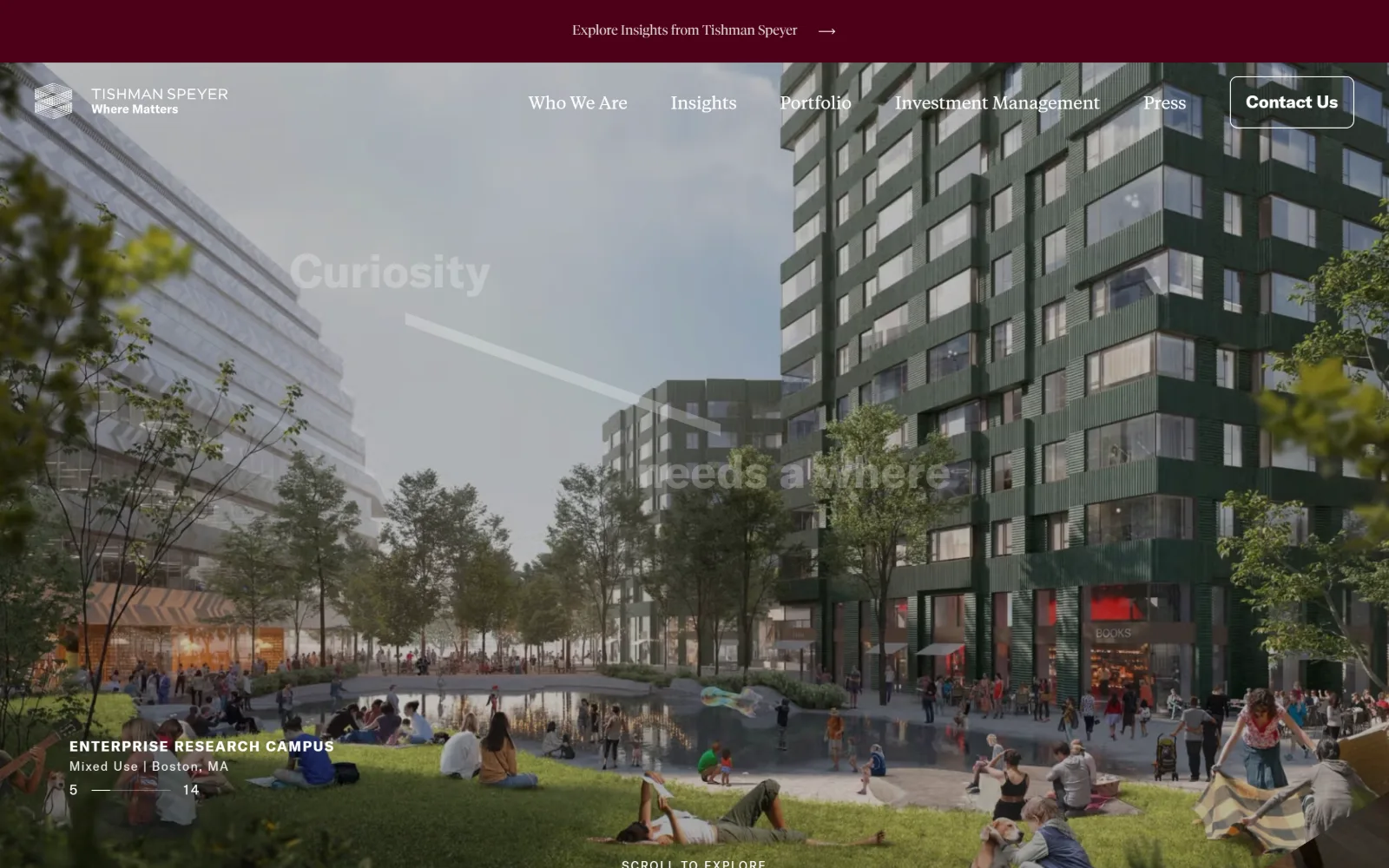 tishmanspeyer.com, property management website design: a rendered Boston campus with crowds on the grass