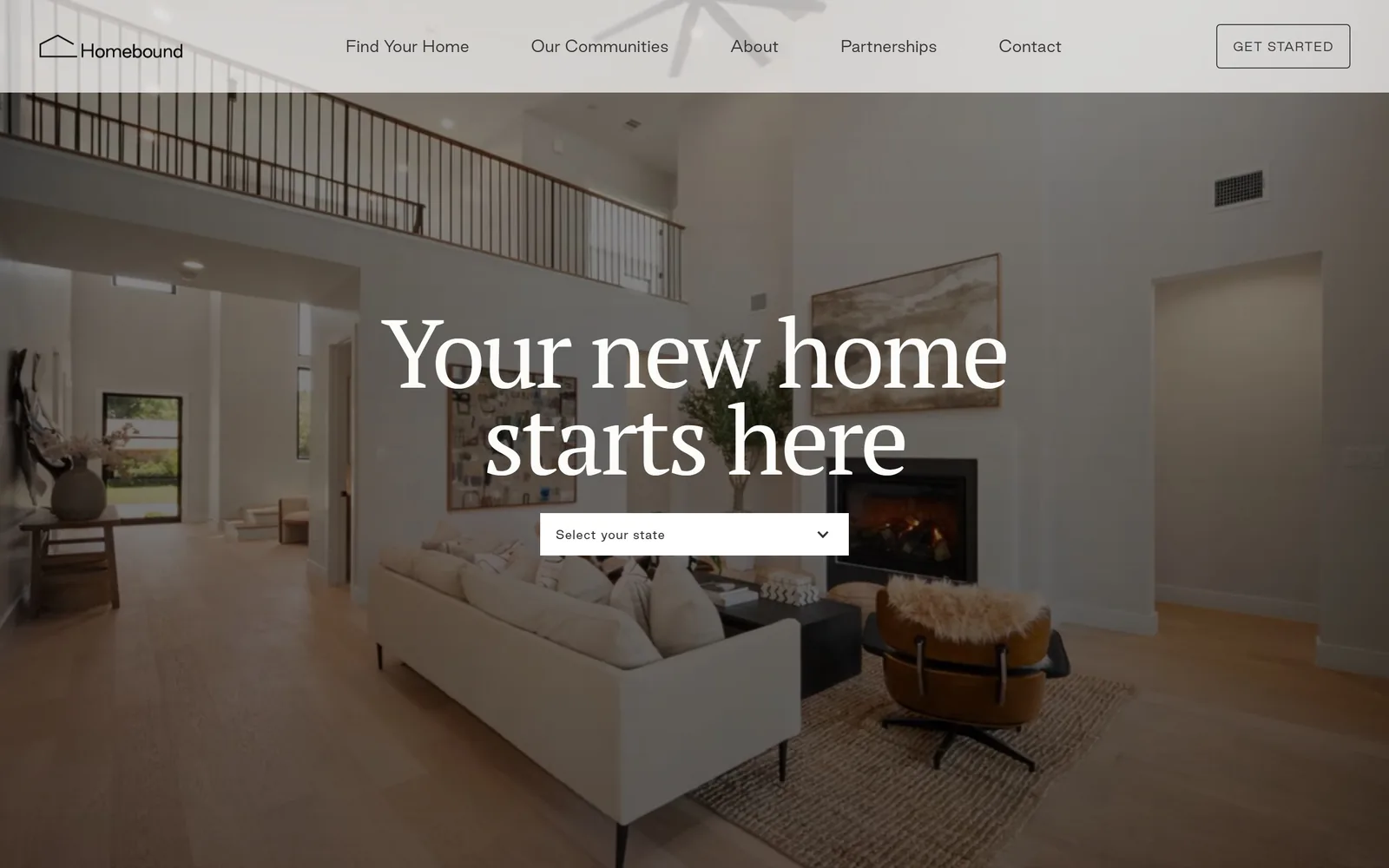 homebound.com, real estate website design: a 100px serif headline centred over a warm interior