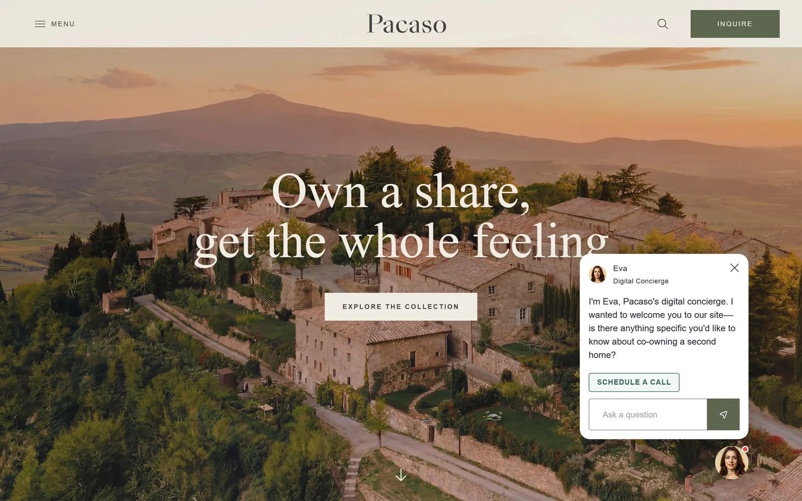 pacaso.com, real estate website design: an aerial of a Tuscan hill village at sunset with a 90px serif line across it and a cream button
