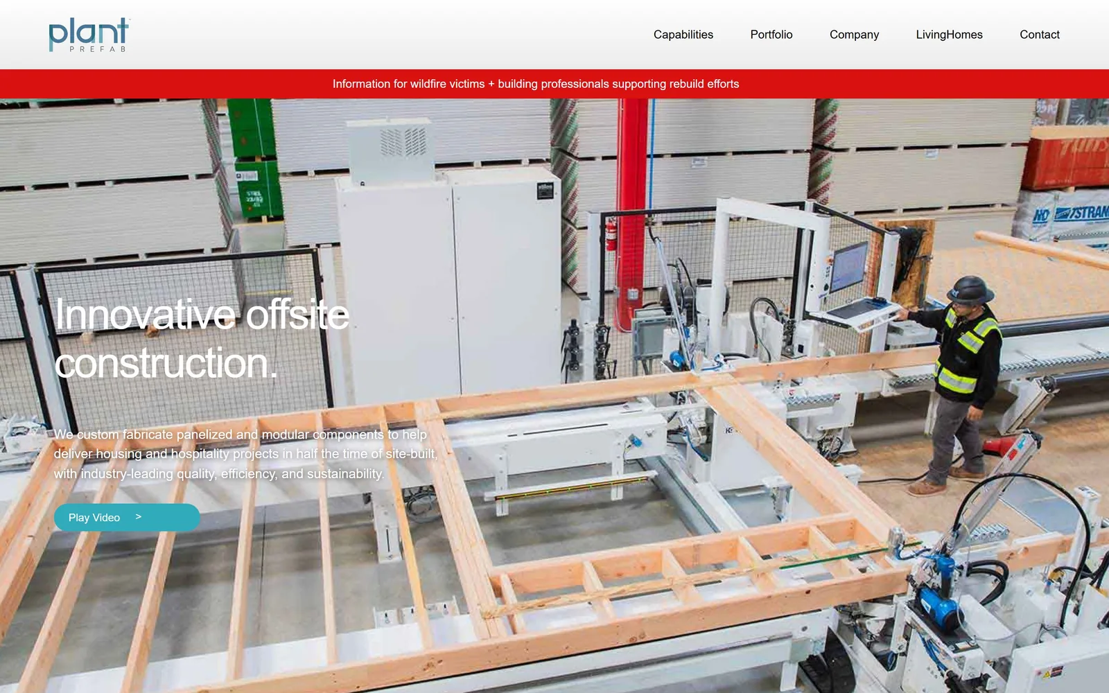 plantprefab.com, real estate website design: an overhead shot of a factory floor assembling a timber wall panel