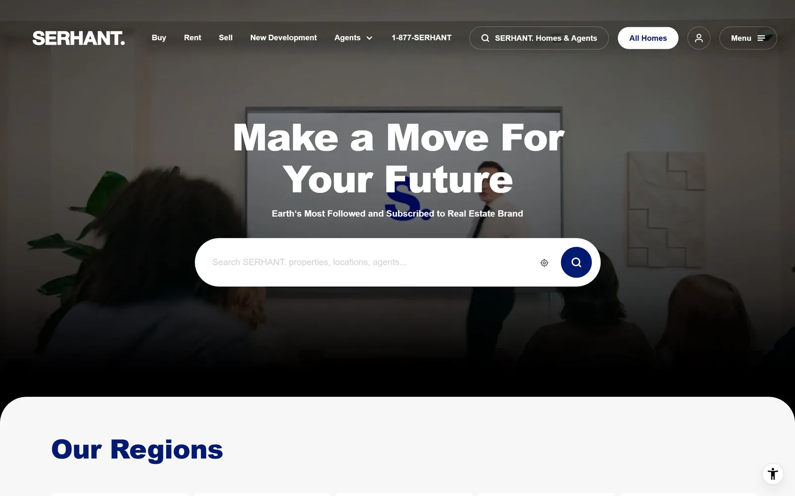 serhant.com, real estate website design: a dim office scene behind a heavy sans headline