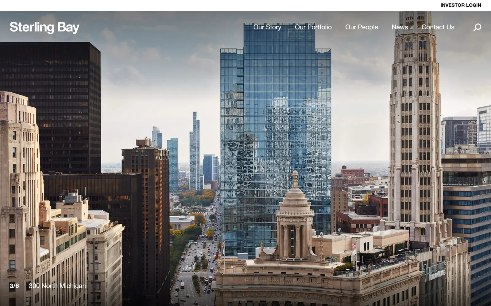 sterlingbay.com, real estate website design: a Chicago skyline photograph fills the whole screen with only a wordmark