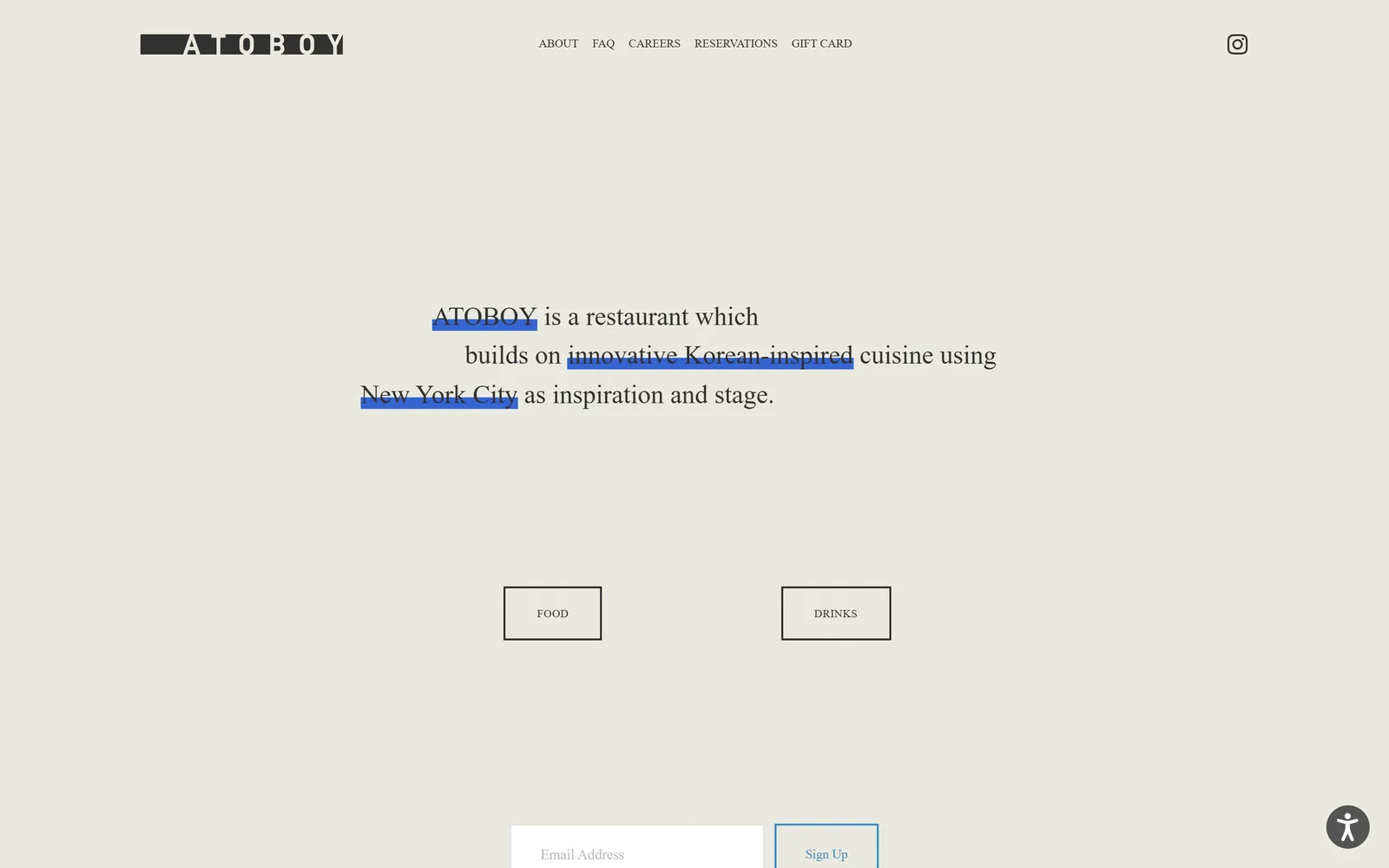 atoboynyc.com, restaurant website design: grey-green page with one sentence in serif