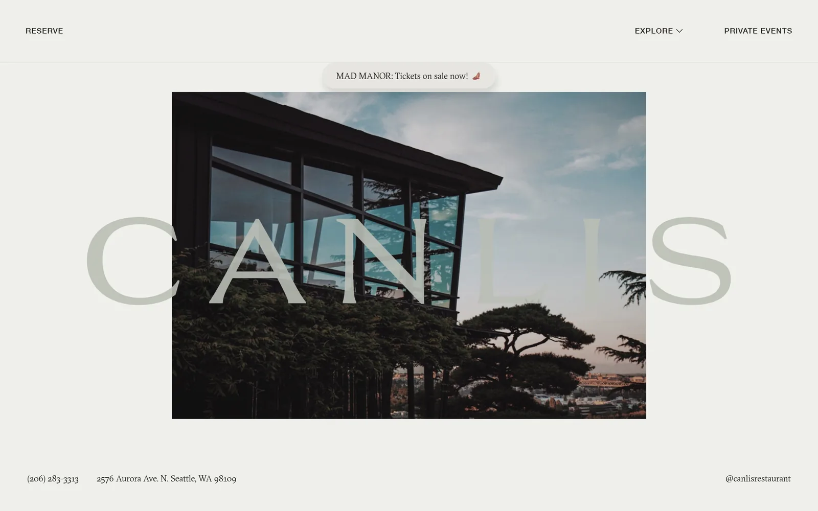canlis.com, restaurant website design: a pale sage wordmark the width of the screen