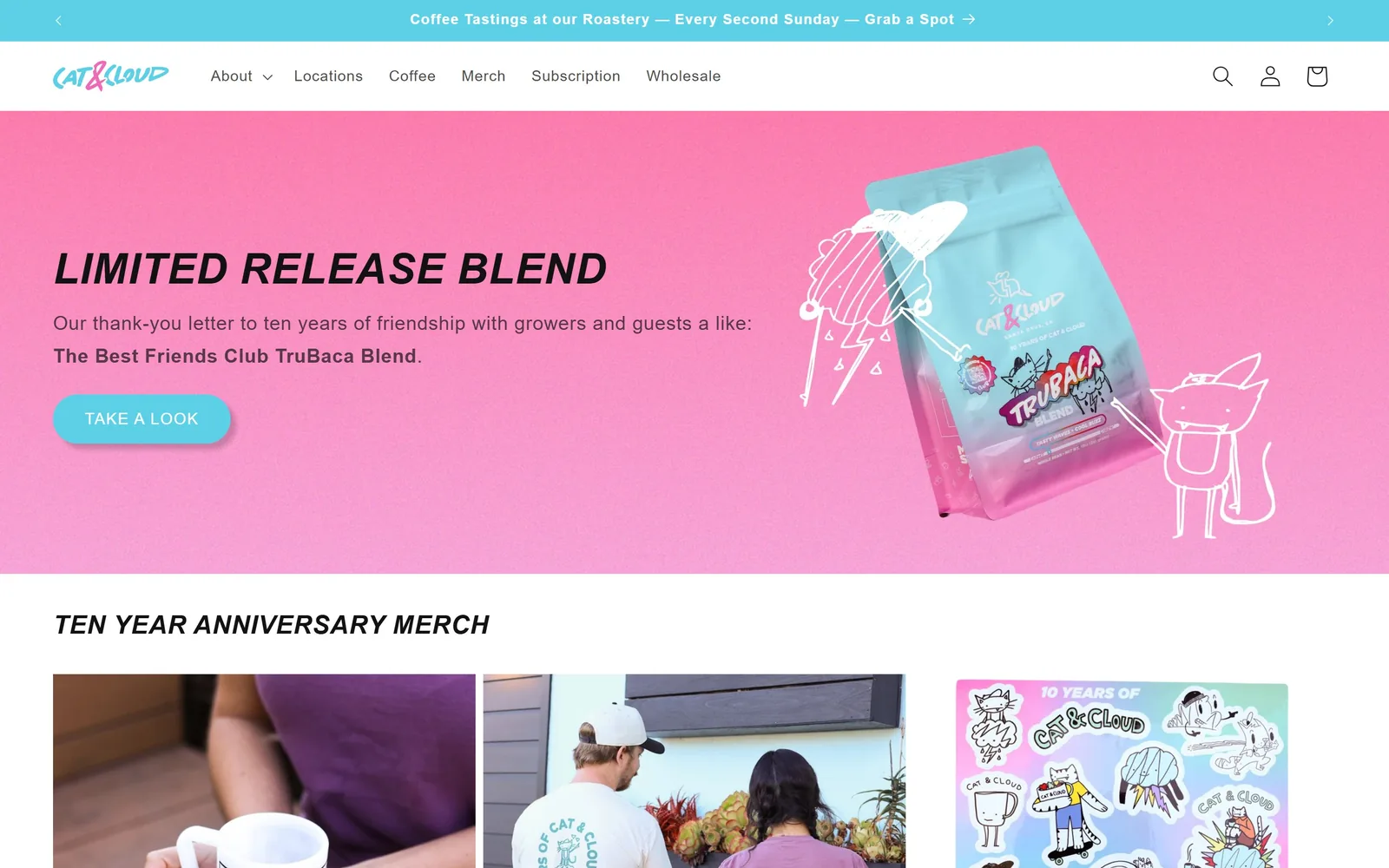 catandcloud.com, restaurant website design: hot pink band with a bag of coffee floating in it