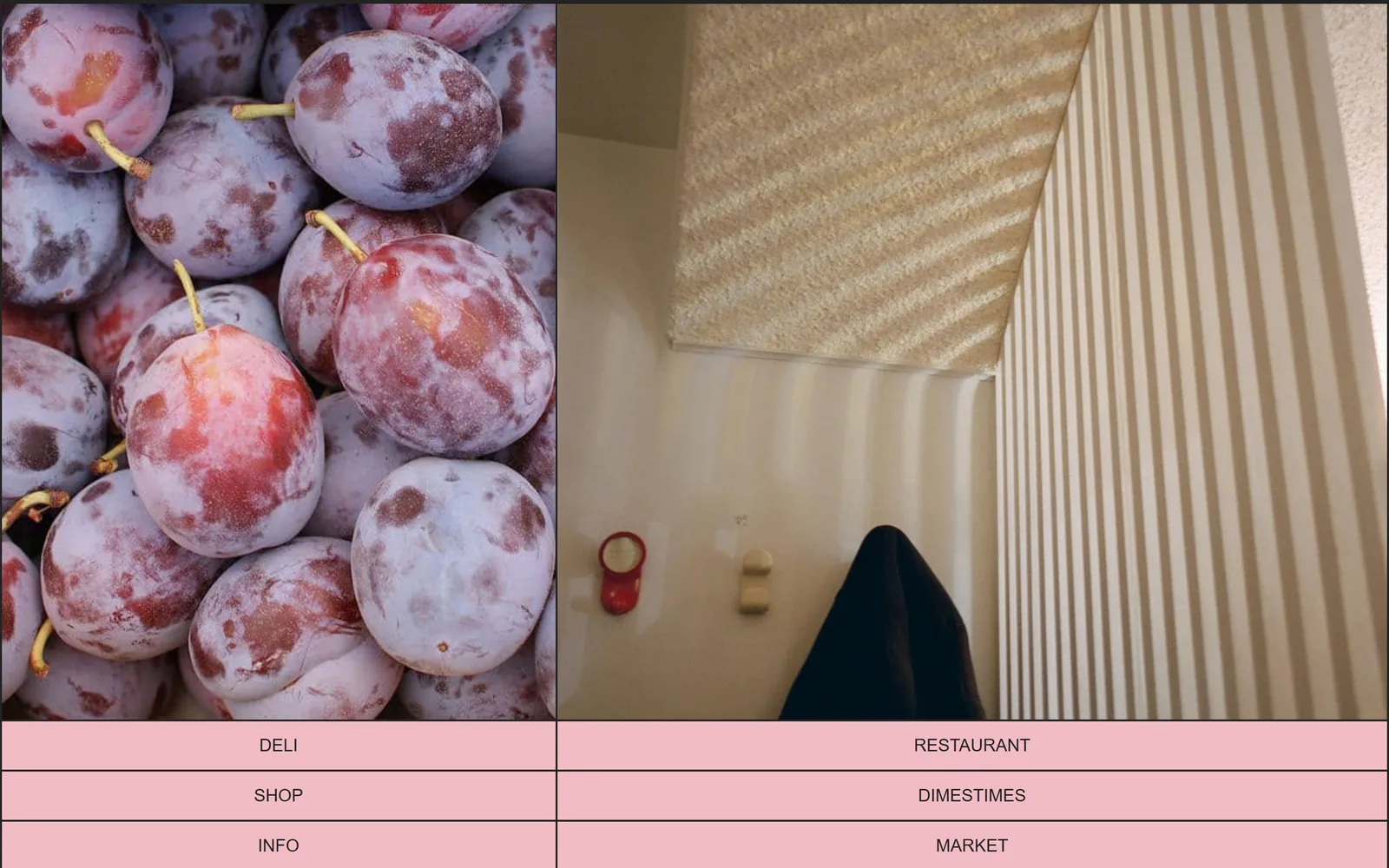 dimesnyc.com, restaurant website design: two full-height photographs side by side, plums and a striped interior