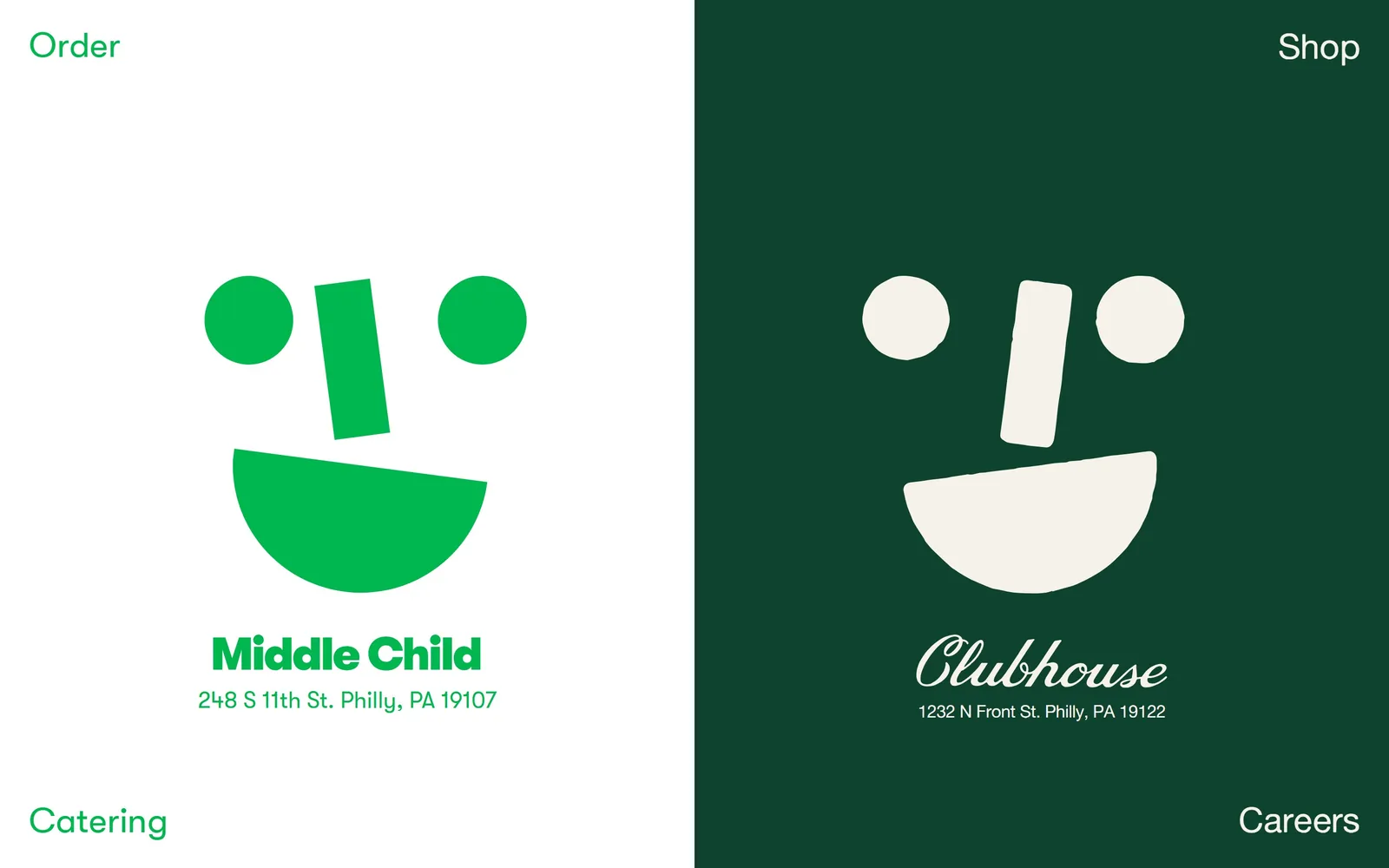 middlechildphilly.com, restaurant website design: two halves, white and bottle green, each carrying a smiley face built from a circle