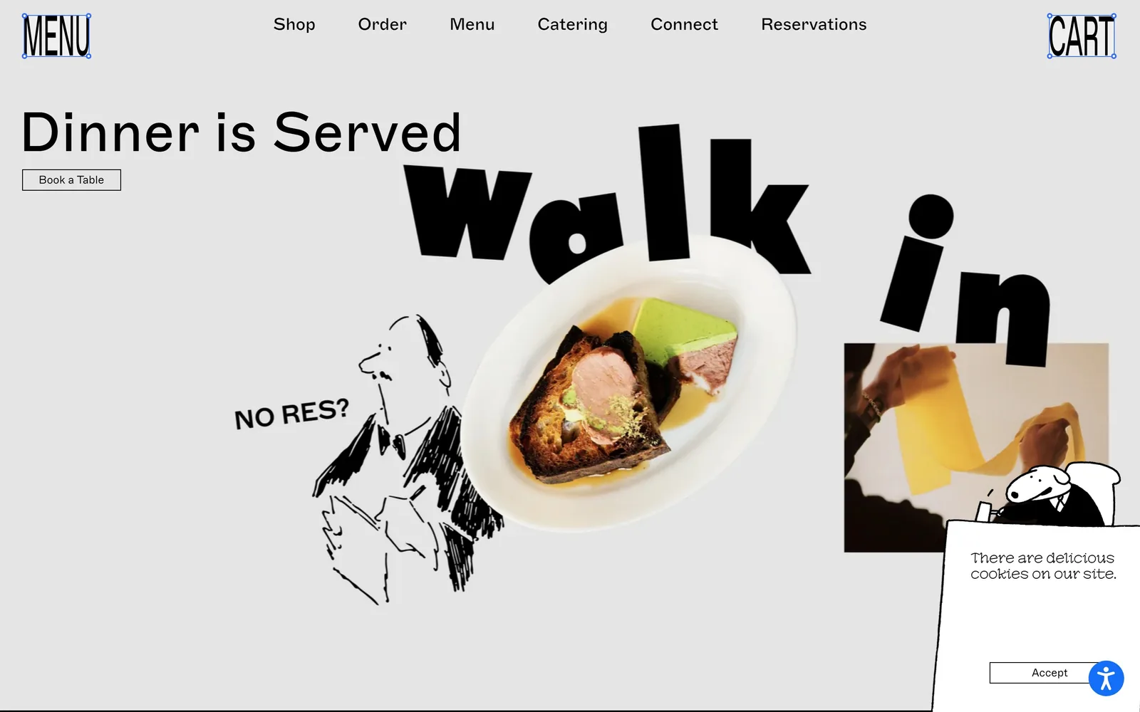 sqirlla.com, restaurant website design: light grey collage: Dinner is Served in neat sans, WALK IN tumbling in fat black letters