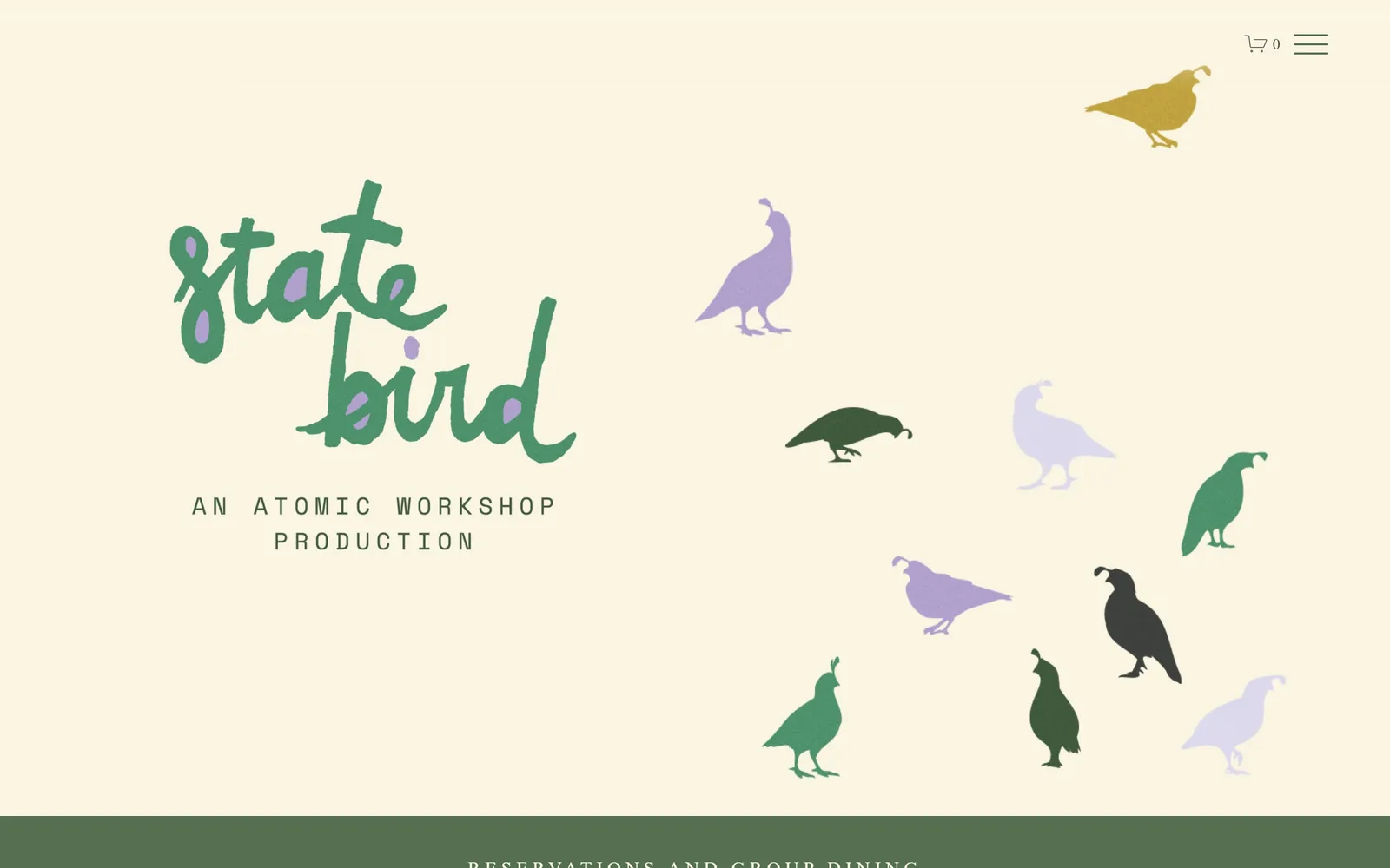 statebirdsf.com, restaurant website design: nine quail silhouettes in green
