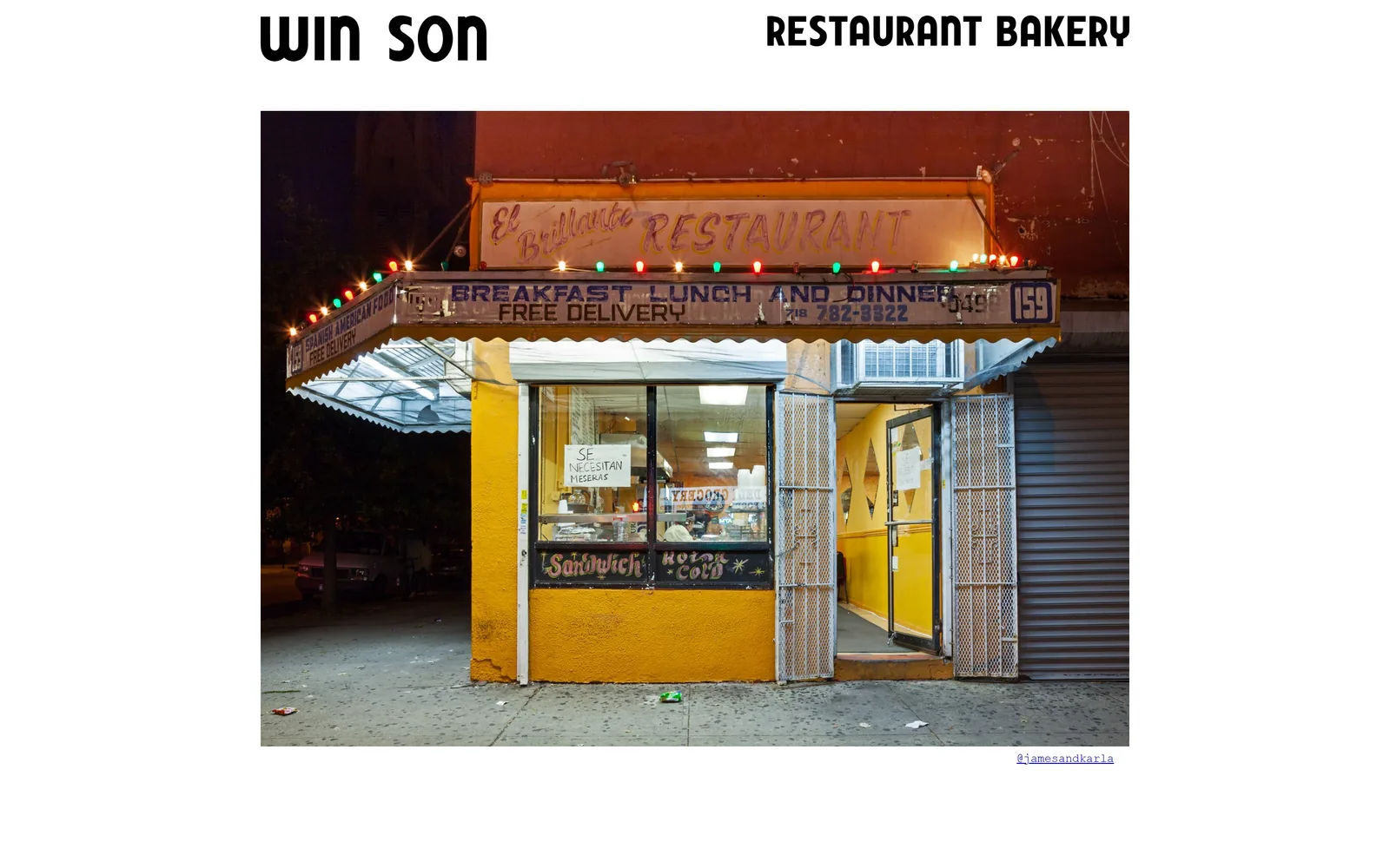 winsonbrooklyn.com, restaurant website design: wIN SON and RESTAURANT BAKERY in bold condensed caps above a single photograph of a lit
