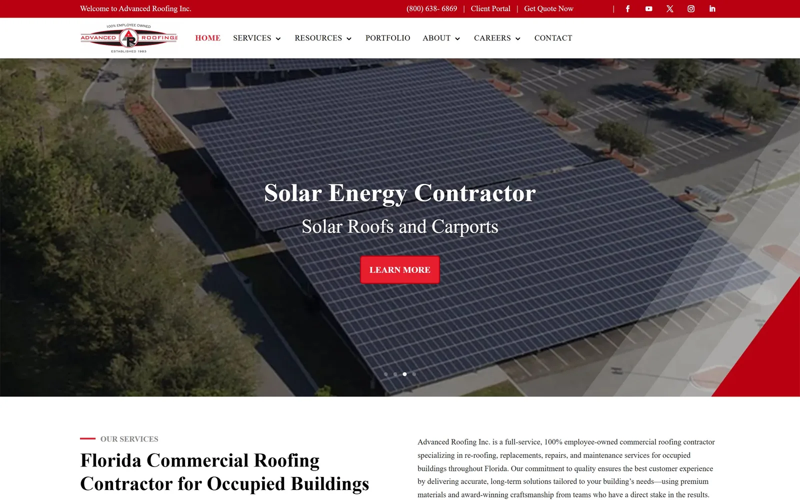 advancedroofing.com, roofing website design: light serif over an aerial of a solar carport array