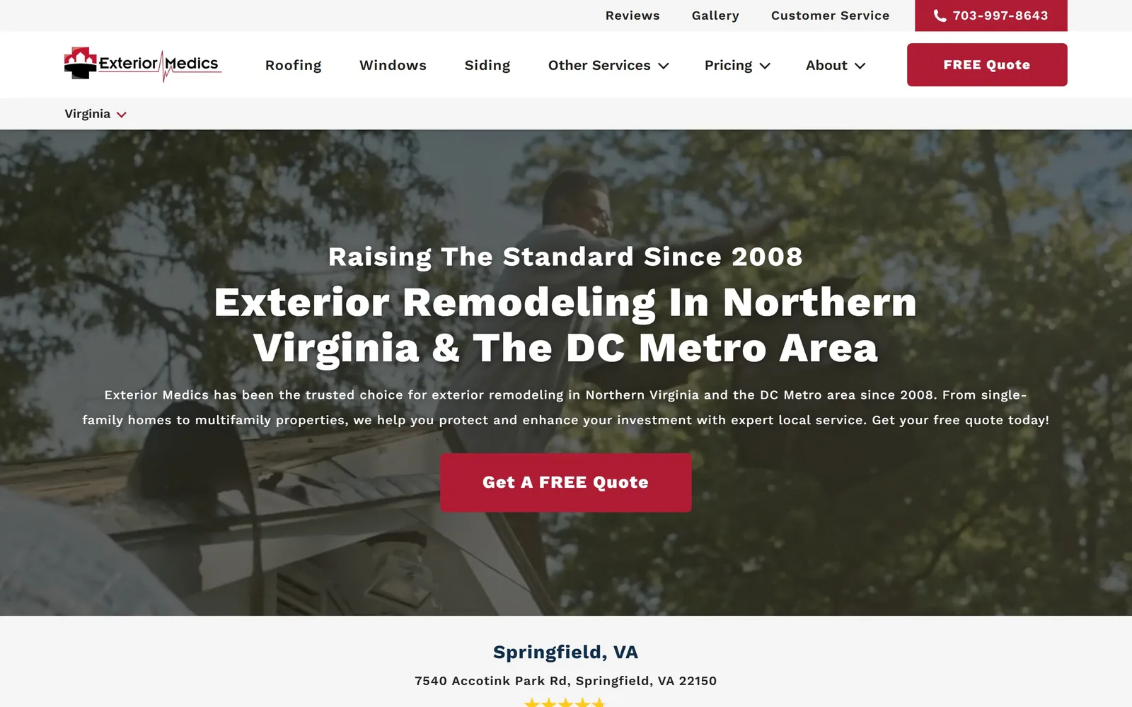 exteriormedics.com, roofing website design: work Sans at 800 weight, centred in white over a low angle shot of a roofer