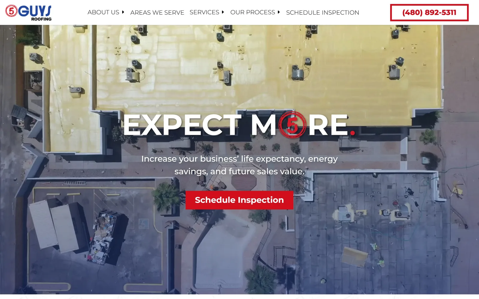 fiveguysroofing.com, roofing website design: shot straight down onto a half-coated commercial roof