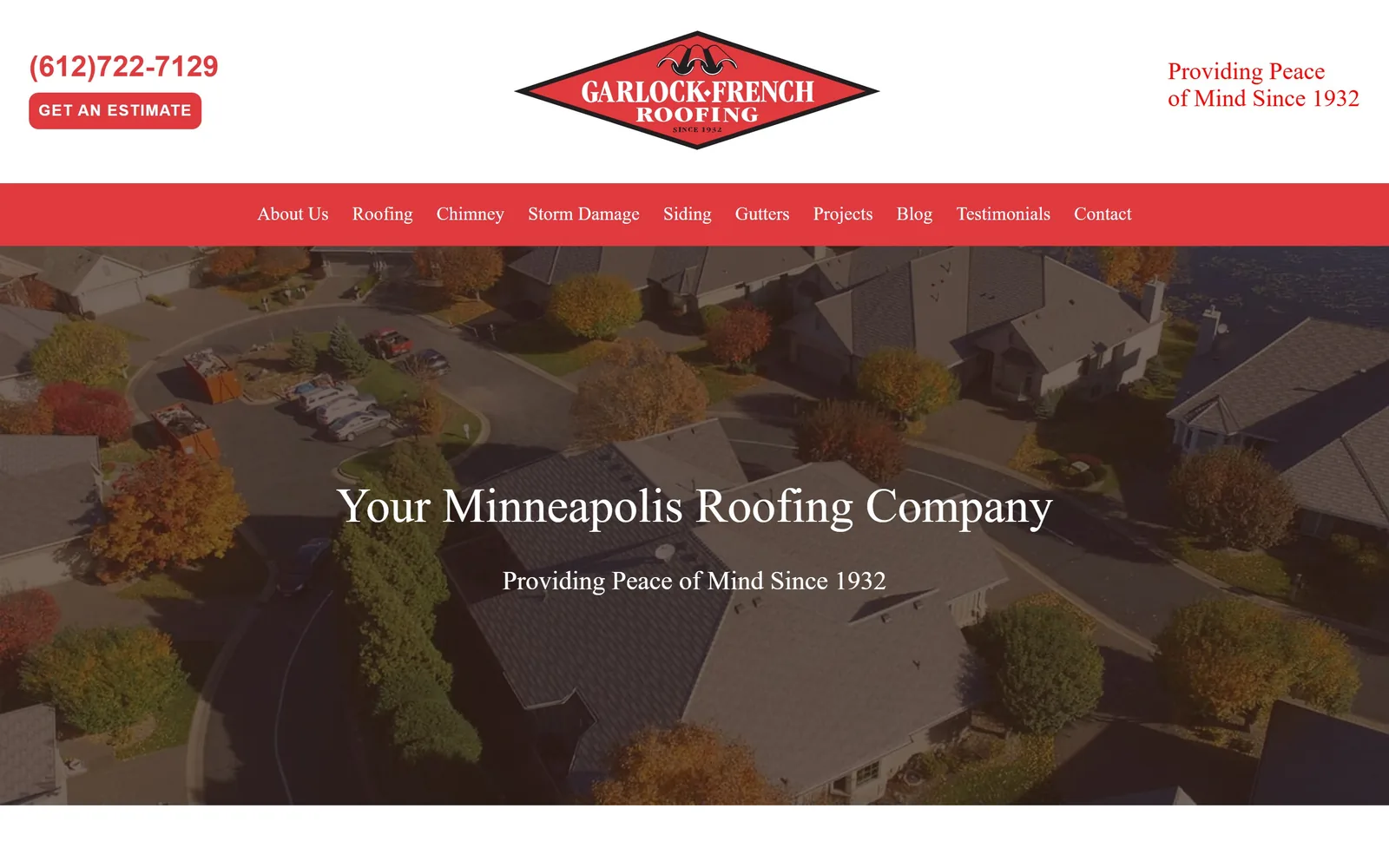 garlock-french.com, roofing website design: a dimmed autumn aerial of suburban rooflines, with a red nav bar and a diamond logo above it
