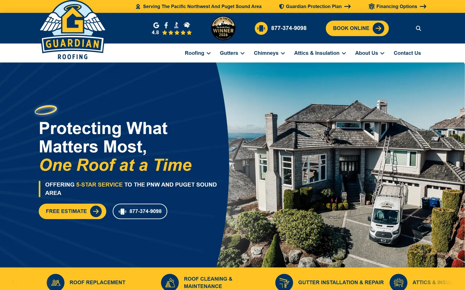 guardianroofing.com, roofing website design: a curved navy panel sweeps into a photo of a crew on a shingle roof