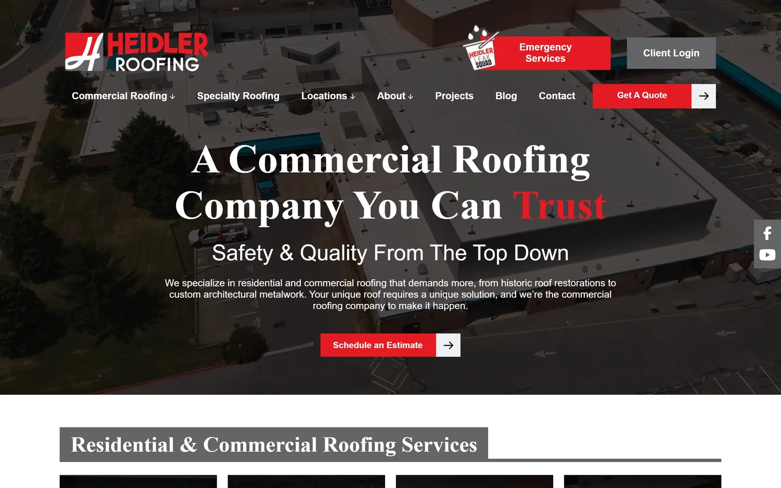 heidlerroofing.com, roofing website design: adobe Garamond at 75px across a drone shot of a flat commercial roof
