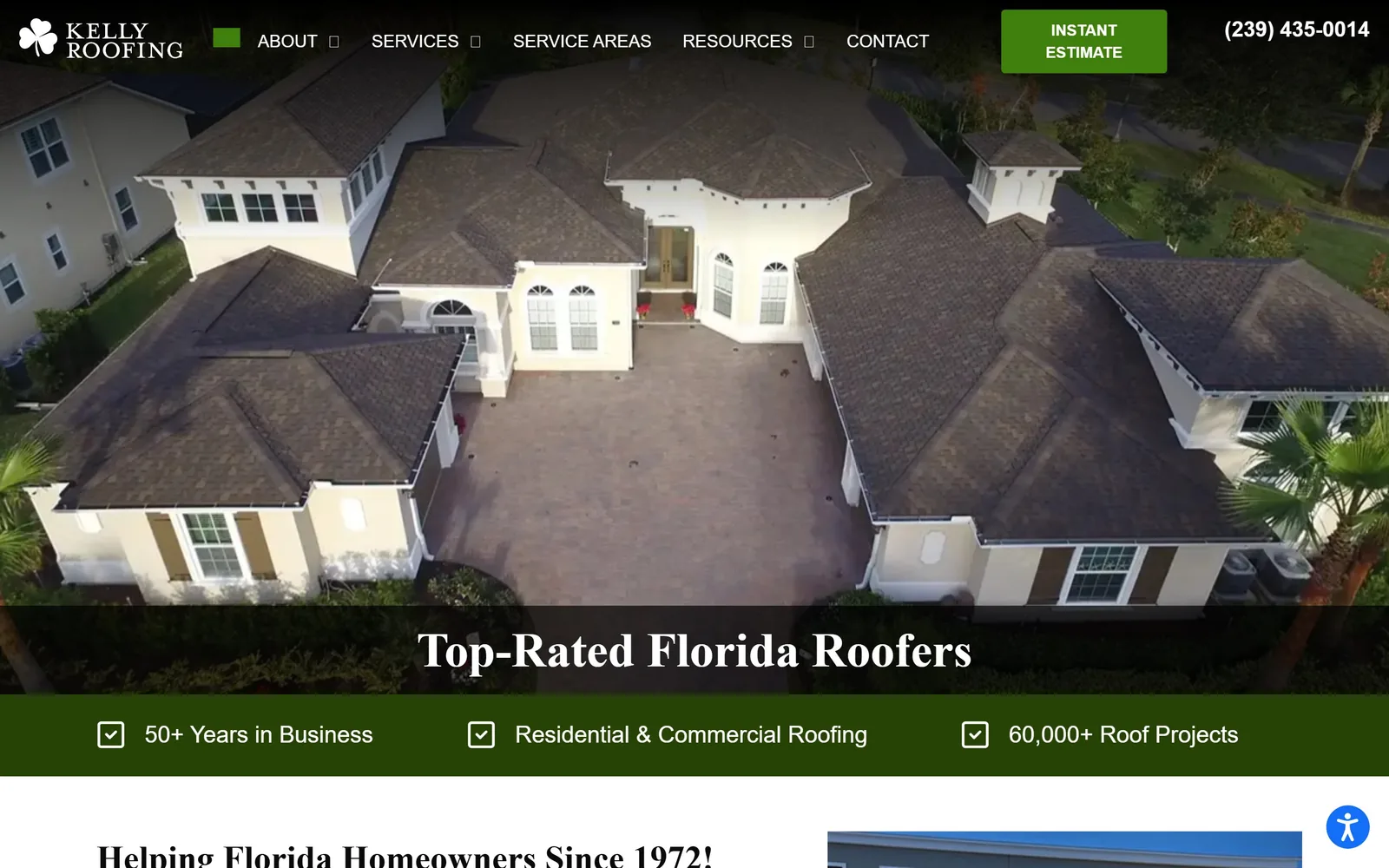 kellyroofing.com, roofing website design: drone frame of a big tile-roofed Florida house