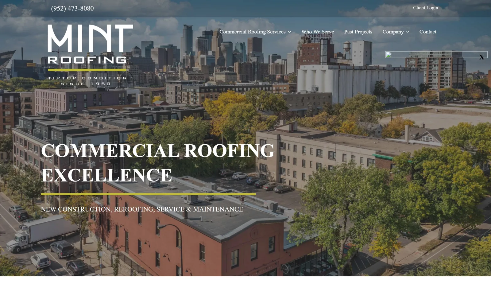 mintroofing.com, roofing website design: an aerial of the Minneapolis skyline with a flat-roofed brick building in the foreground