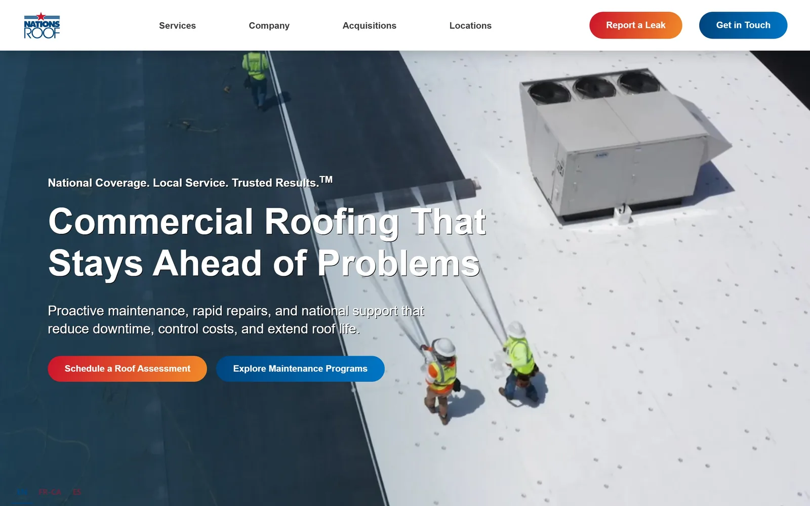 nationsroof.com, roofing website design: an aerial of two crew walking a white membrane roof
