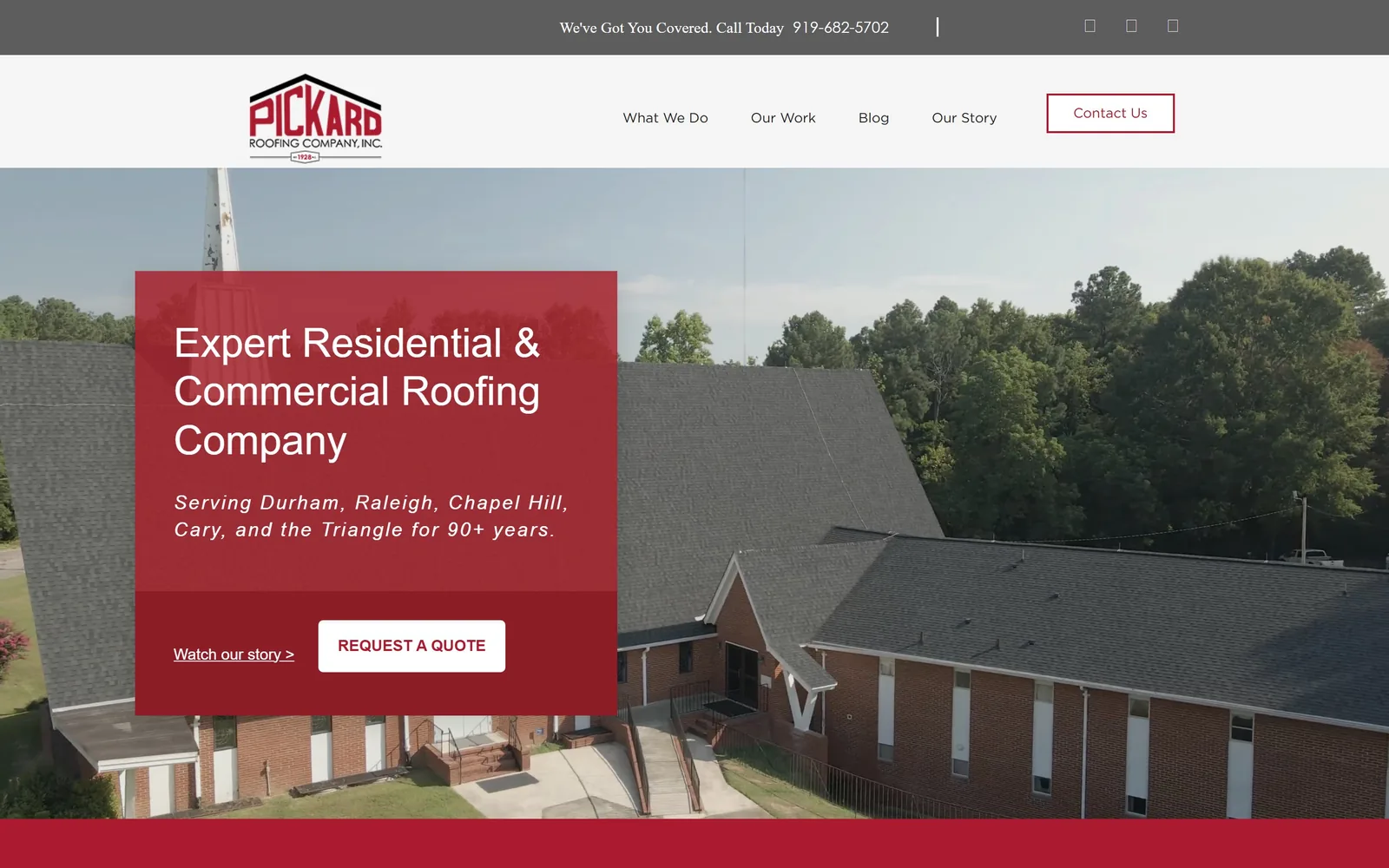 pickardroofing.com, roofing website design: a deep red block sits on a drone shot of a church roof, carrying the headline and both calls