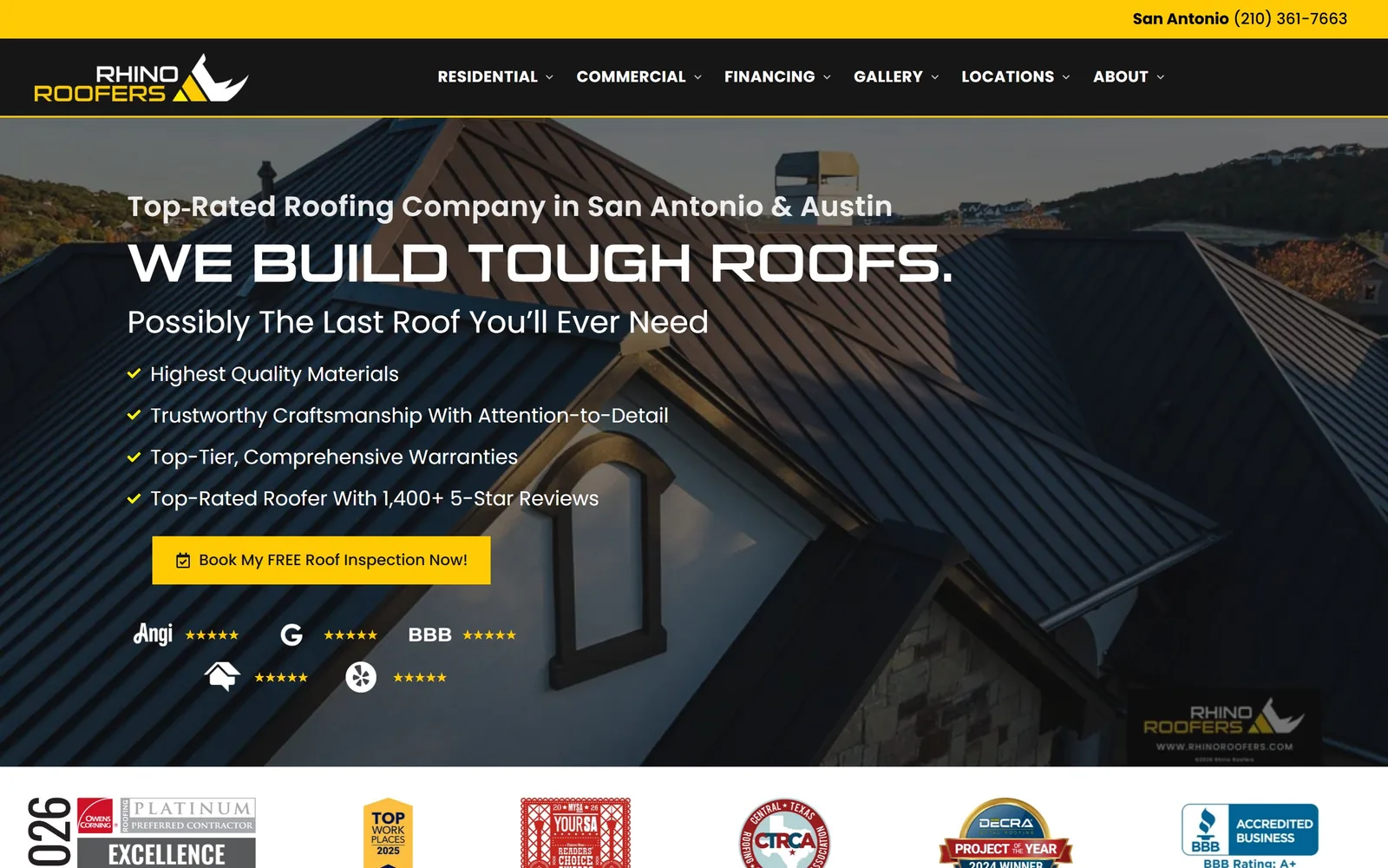 rhinoroofers.com, roofing website design: black and yellow instead of navy and orange, over a dark standing seam roof shot at dusk
